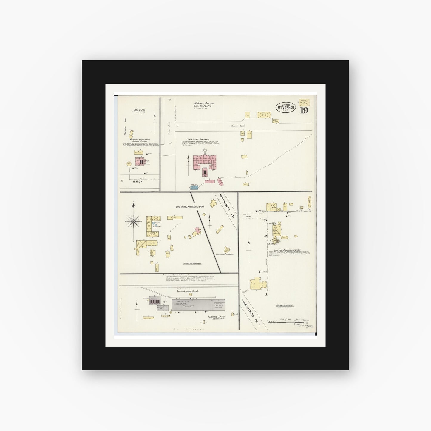 Old map wall art mockup — black gallery frame with white mat — Sanborn Fire Insurance Map from Mount Vernon, Knox County, Ohio (1907), Sheet #0019