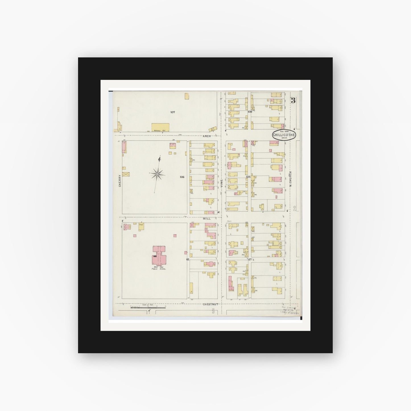 Old map wall art mockup — black gallery frame with white mat — Sanborn Fire Insurance Map from Chillicothe, Ross County, Ohio (1895), Sheet #0003