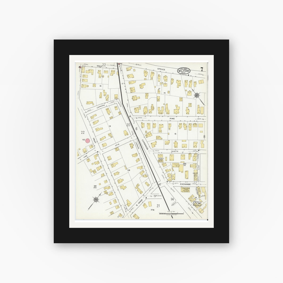 Old map wall art mockup — black gallery frame with white mat — Sanborn Fire Insurance Map from Milford, Worcester County, Massachusetts (1920), Sheet #0007
