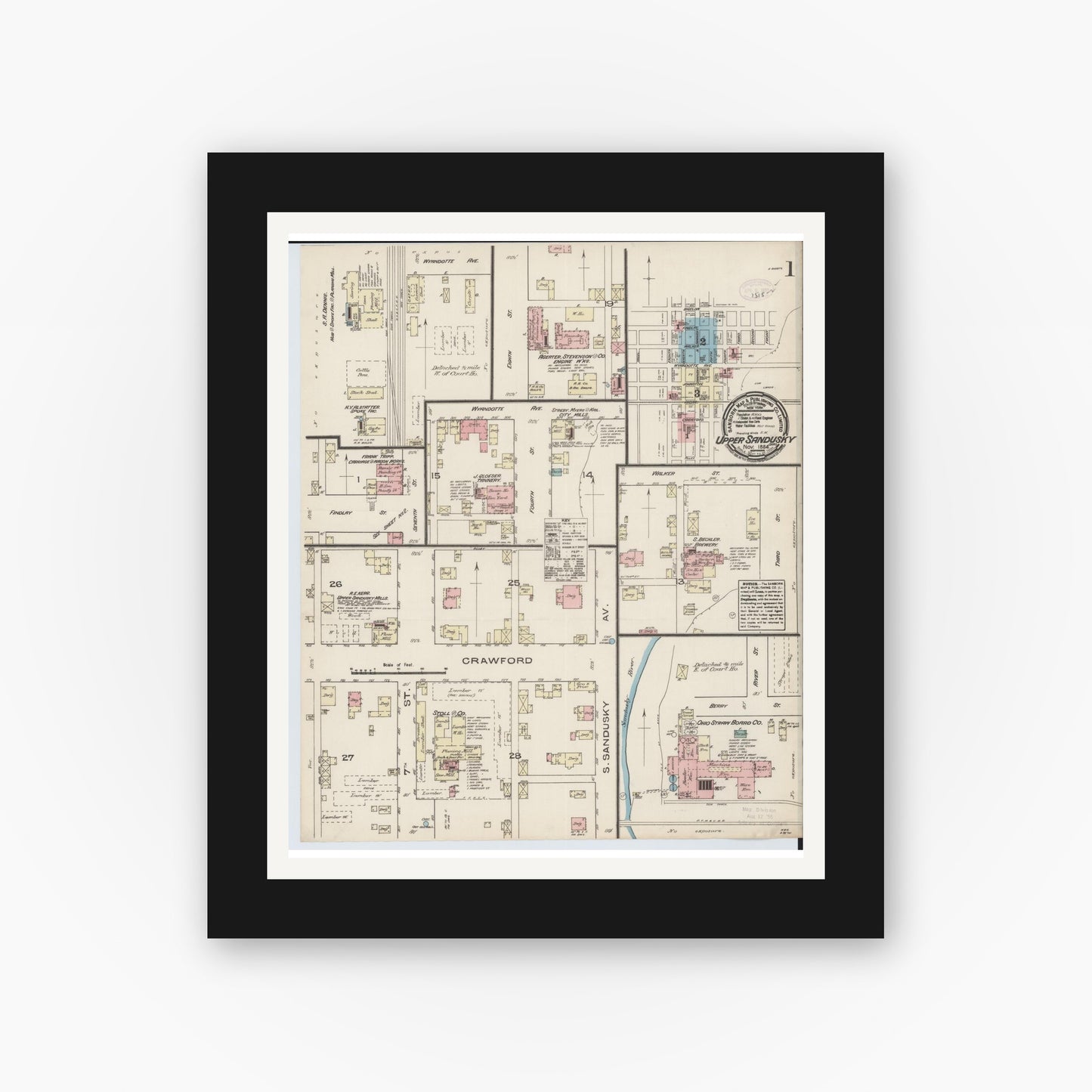 Old map wall art mockup β black gallery frame with white mat β Sanborn Fire Insurance Map from Upper Sandusky, Wyandot County, Ohio (1884) - Complete Map Set
