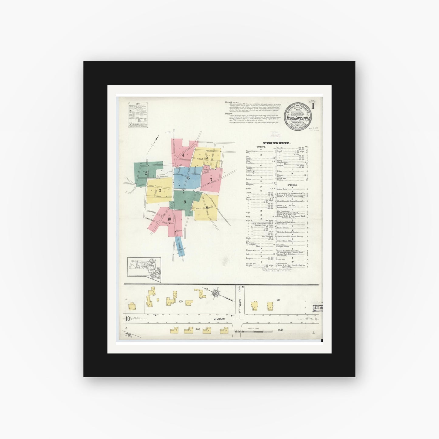 Old map wall art mockup — black gallery frame with white mat — Sanborn Fire Insurance Map from North Brookfield, Worcester County, Massachusetts (1913) - Complete Map Set