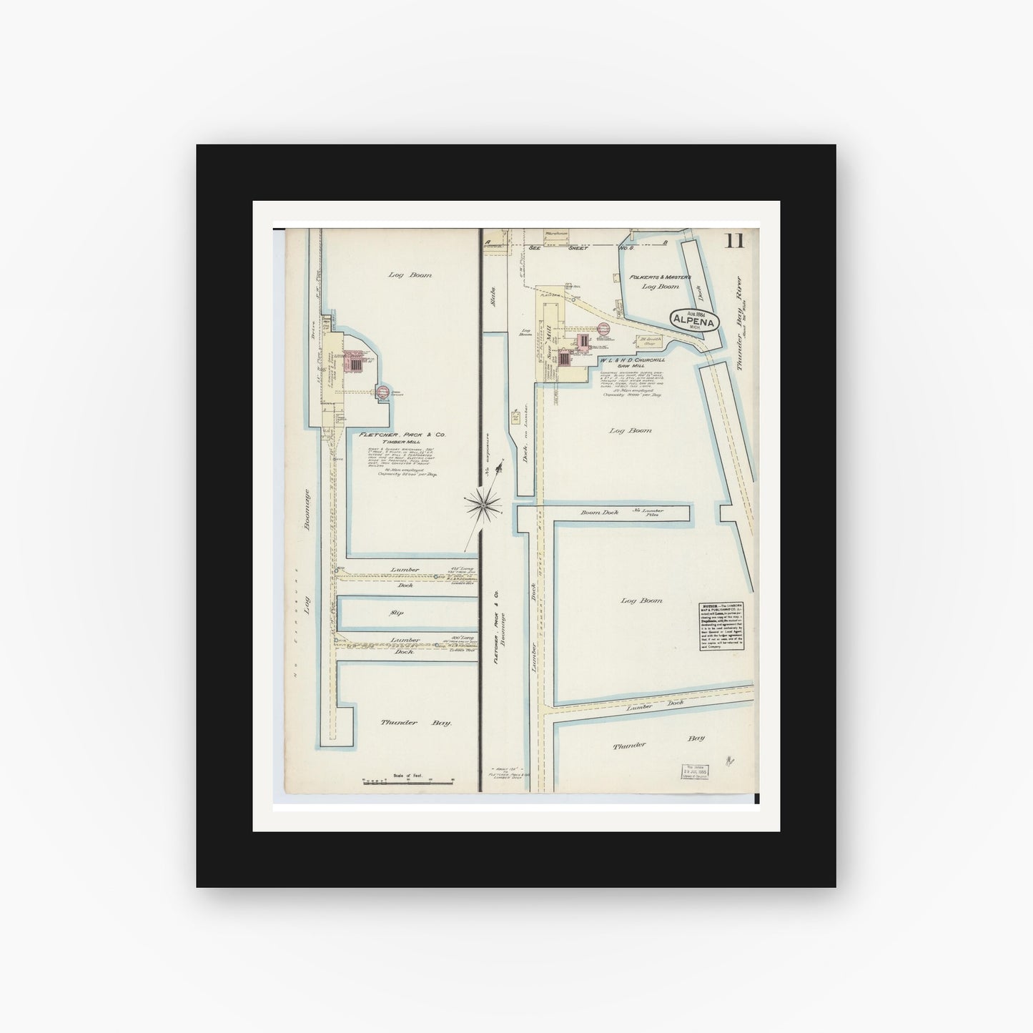Old map wall art mockup — black gallery frame with white mat — Sanborn Fire Insurance Map from Alpena, Alpena County, Michigan (1884), Sheet #0011