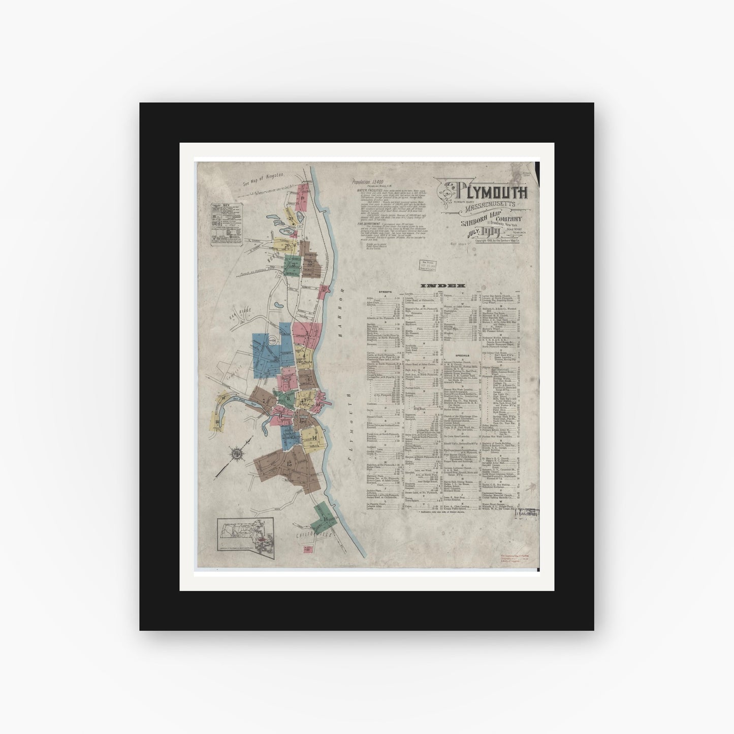 Old map wall art mockup — black gallery frame with white mat — Sanborn Fire Insurance Map from Plymouth, Plymouth County, Massachusetts (1919), Sheet #0001
