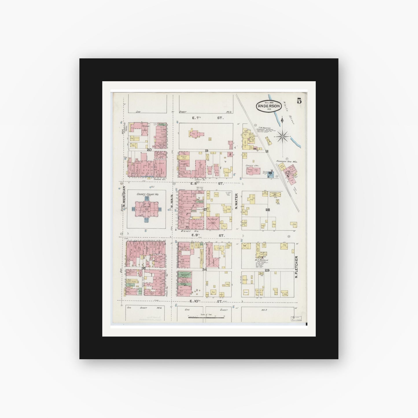 Old map wall art mockup — black gallery frame with white mat — Sanborn Fire Insurance Map from Anderson, Madison County, Indiana (1890), Sheet #0005