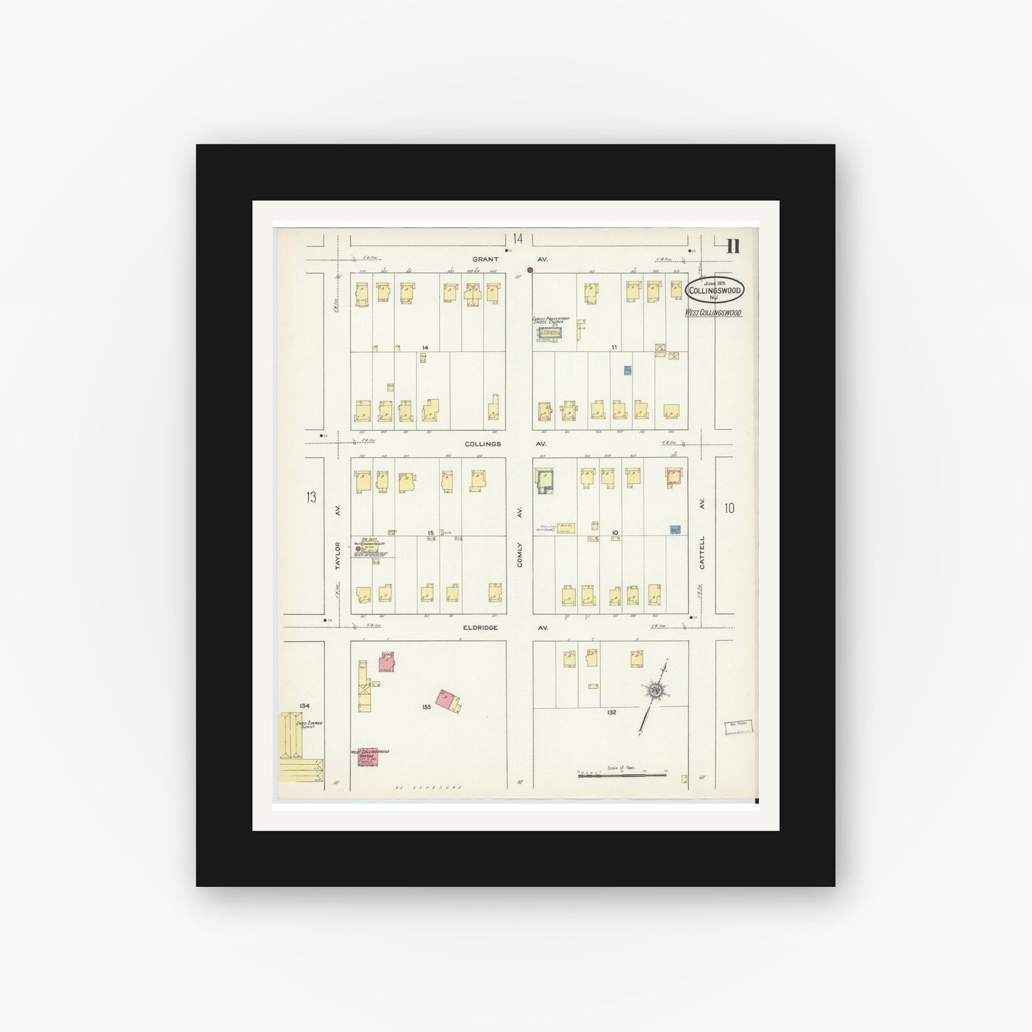 Old map wall art mockup — black gallery frame with white mat — Sanborn Fire Insurance Map from Collingswood, Camden County, New Jersey (1915), Sheet #0011