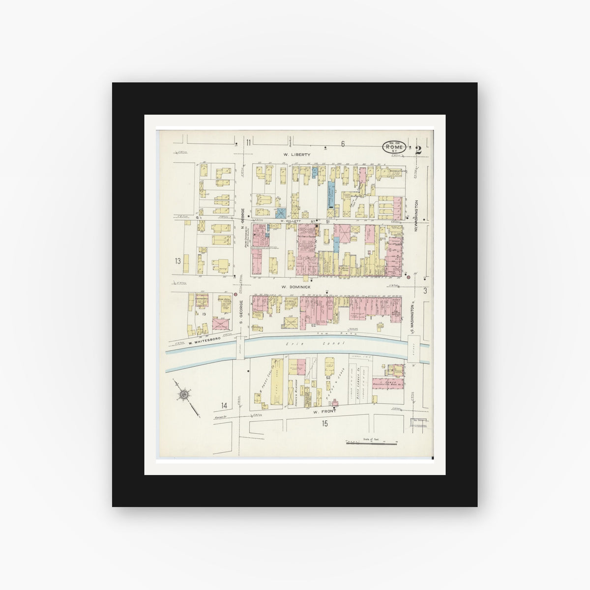Old map wall art mockup — black gallery frame with white mat — Sanborn Fire Insurance Map from Rome, Oneida County, New York (1914), Sheet #0002