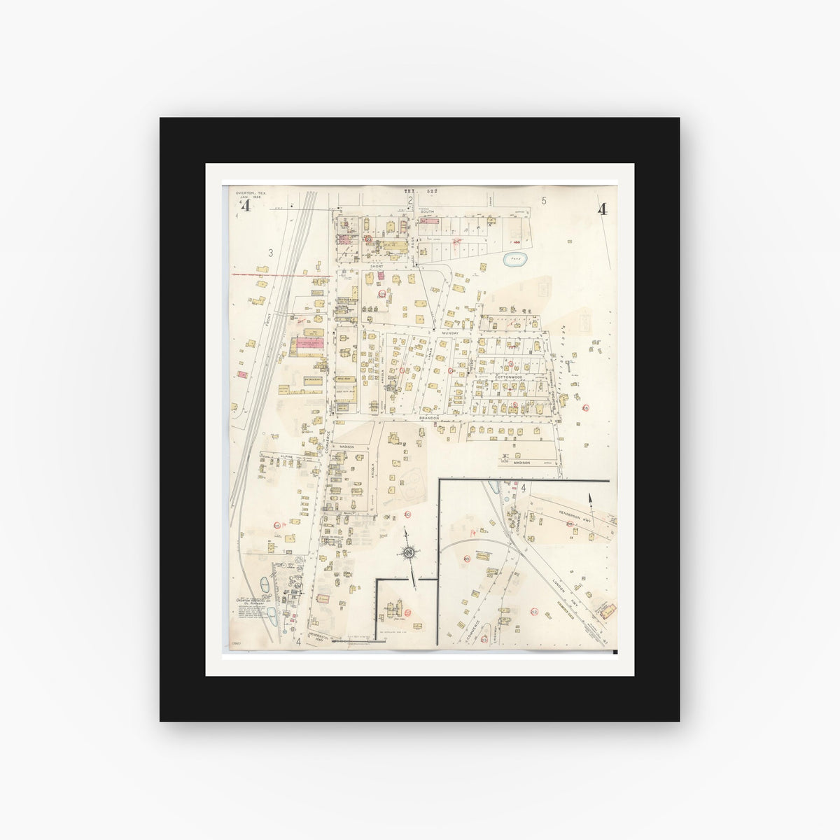 Old map wall art mockup — black gallery frame with white mat — Sanborn Fire Insurance Map from Overton, Rusk County, Texas (1939), Sheet #0004