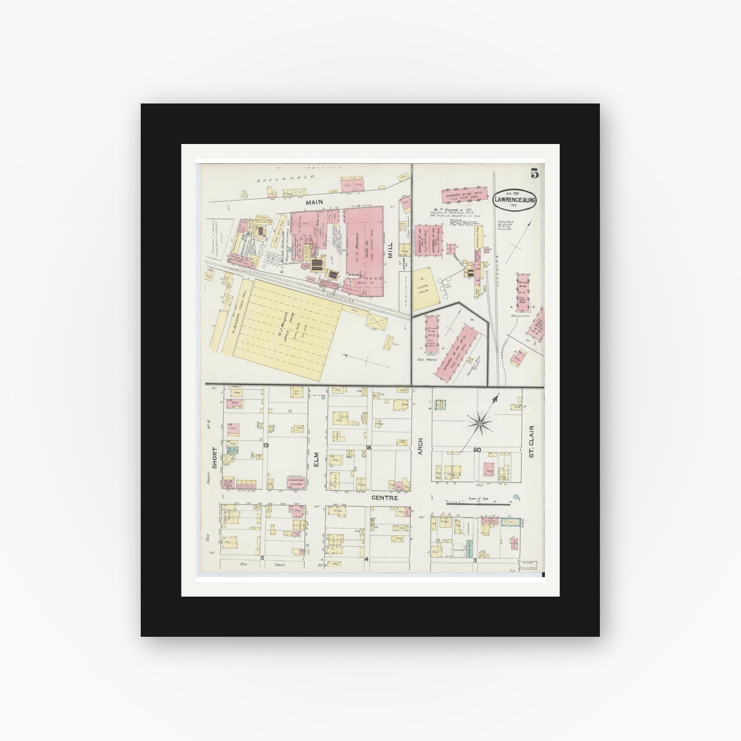 Old map wall art mockup — black gallery frame with white mat — Sanborn Fire Insurance Map from Lawrenceburg, Dearborn County, Indiana (1891), Sheet #0005