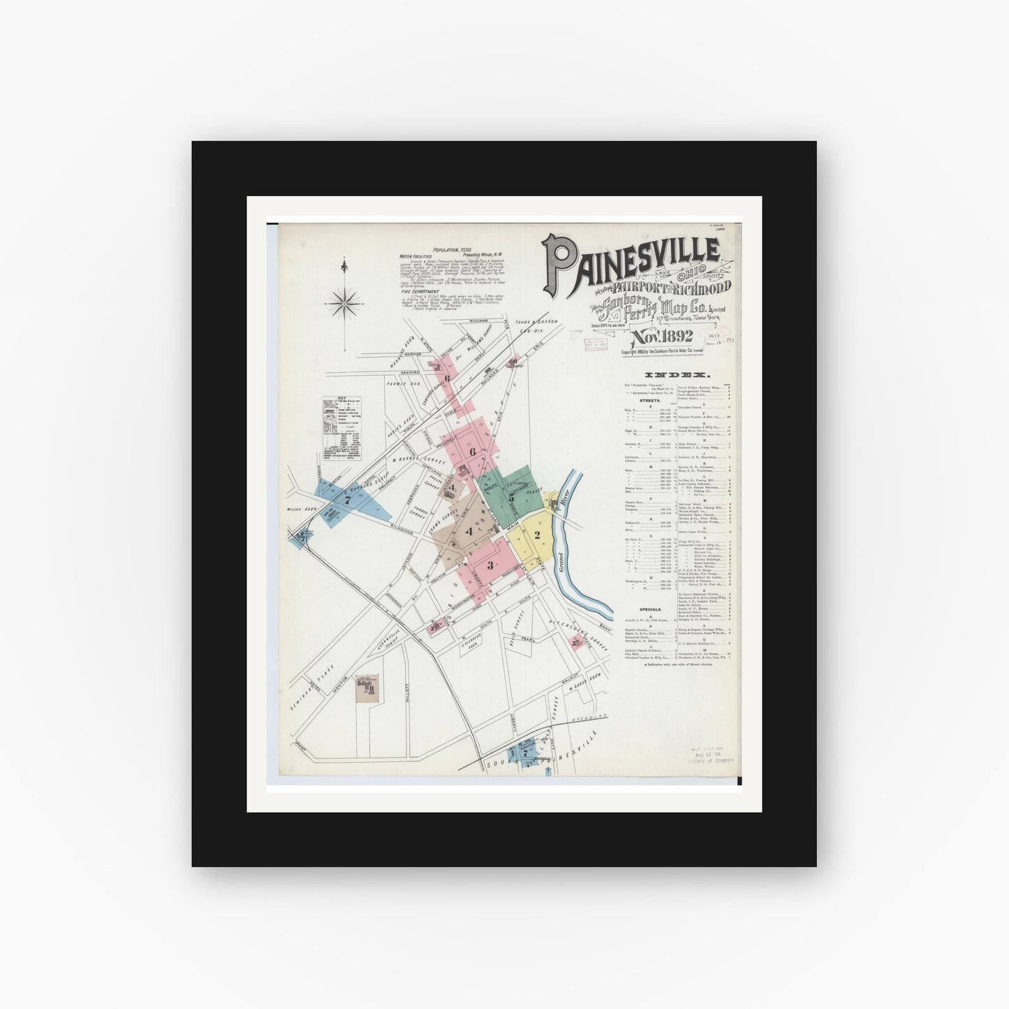 Old map wall art mockup — black gallery frame with white mat — Sanborn Fire Insurance Map from Painesville, Lake County, Ohio (1892) - Complete Map Set