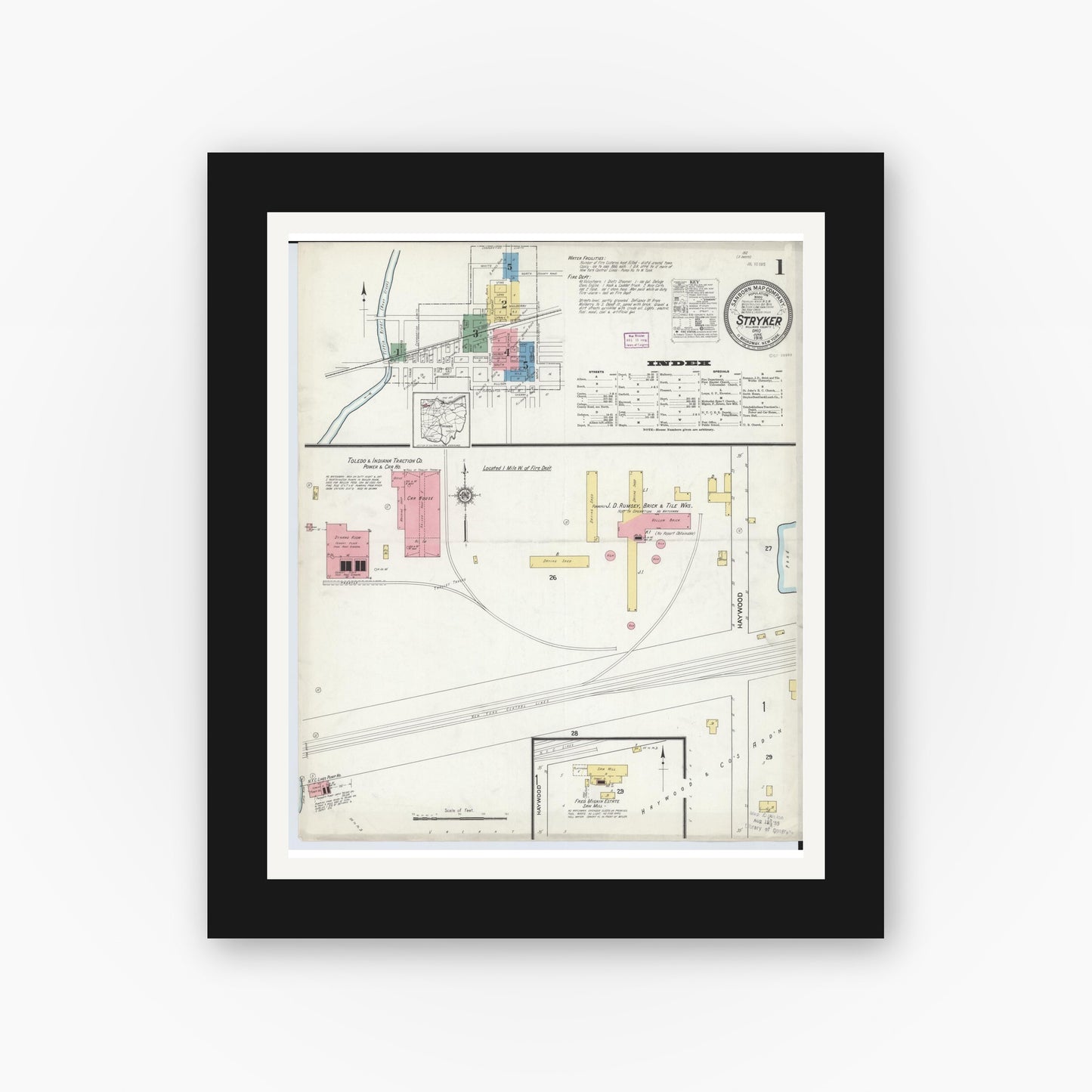 Old map wall art mockup — black gallery frame with white mat — Sanborn Fire Insurance Map from Stryker, Williams County, Ohio (1916) - Complete Map Set