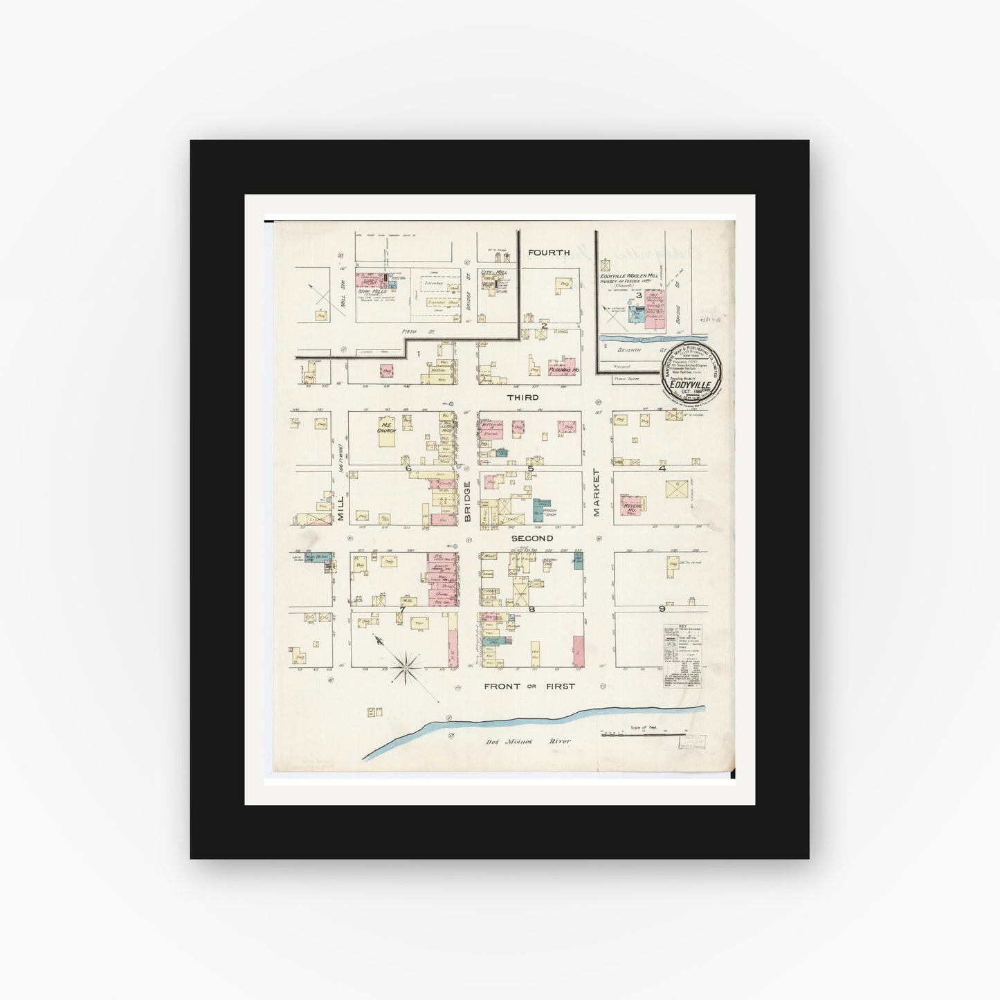 Old map wall art mockup β black gallery frame with white mat β Sanborn Fire Insurance Map from Eddyville, Wapello County, Iowa (1885), Sheet #0001
