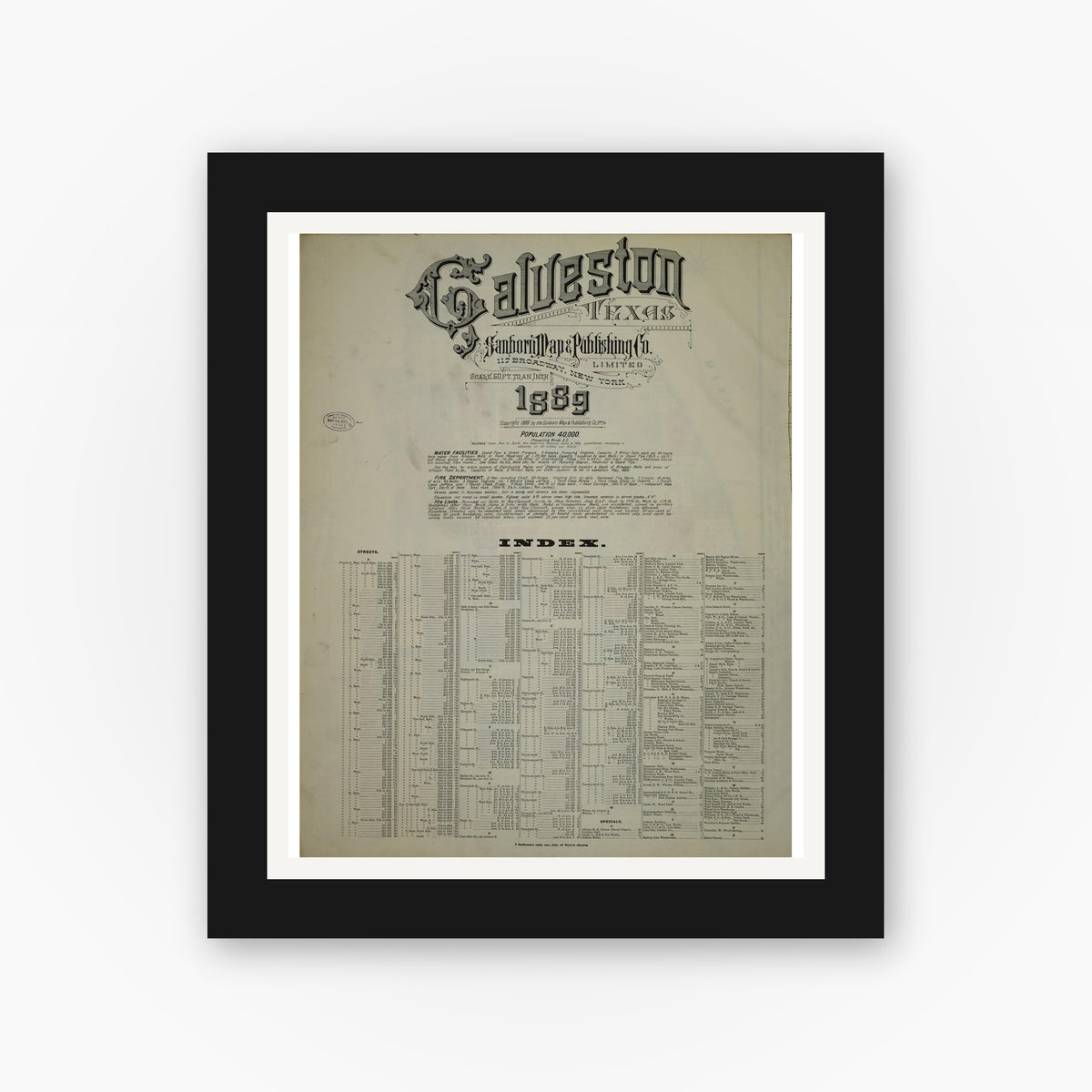 Old map wall art mockup — black gallery frame with white mat — Sanborn Fire Insurance Map from Galveston, Galveston County, Texas (1889), Sheet #0001