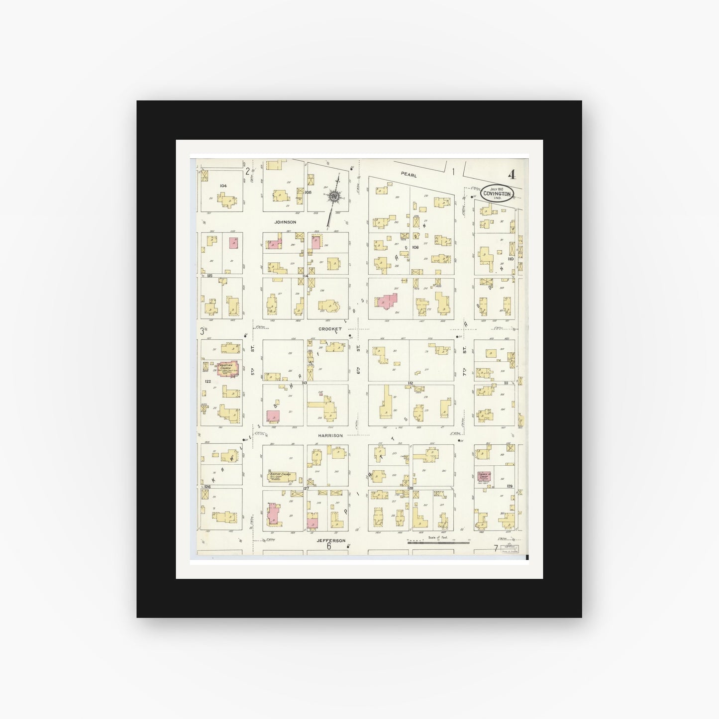 Old map wall art mockup — black gallery frame with white mat — Sanborn Fire Insurance Map from Covington, Fountain County, Indiana (1910), Sheet #0004