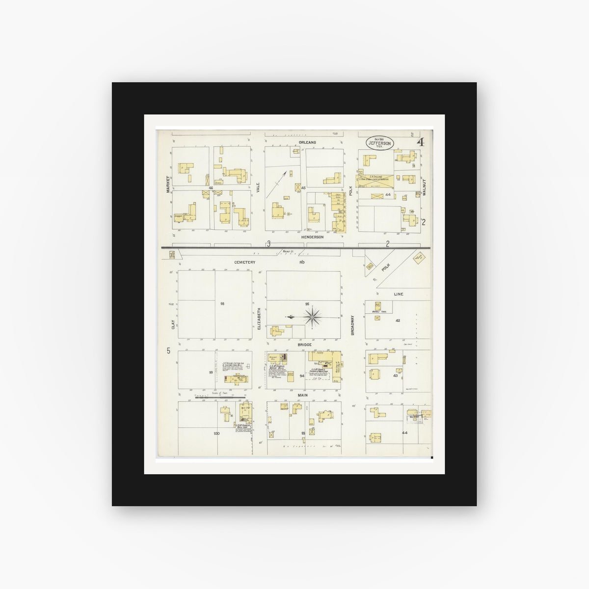 Old map wall art mockup — black gallery frame with white mat — Sanborn Fire Insurance Map from Jefferson, Marion County, Texas (1901), Sheet #0004