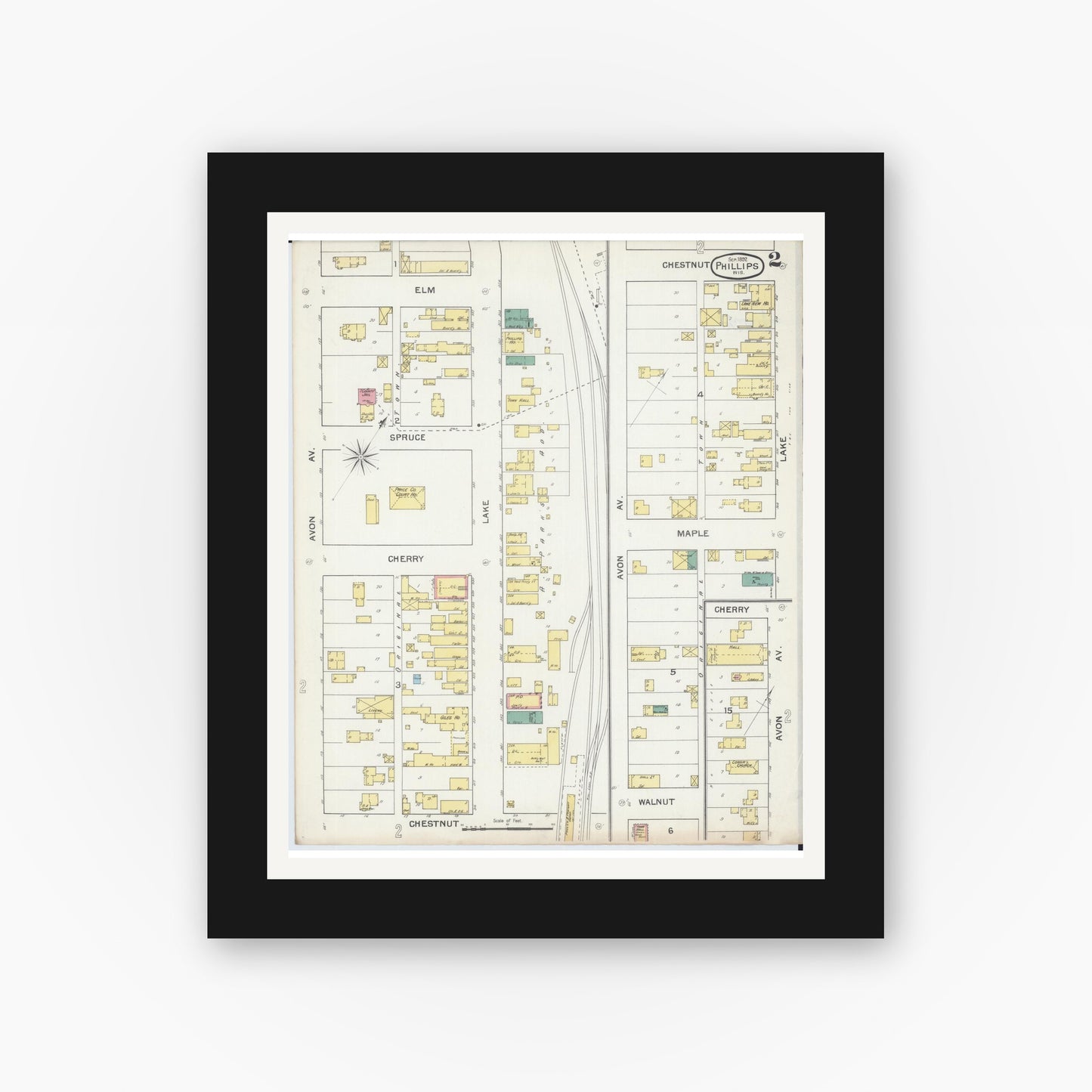 Old map wall art mockup — black gallery frame with white mat — Sanborn Fire Insurance Map from Phillips, Price County, Wisconsin (1892), Sheet #0002