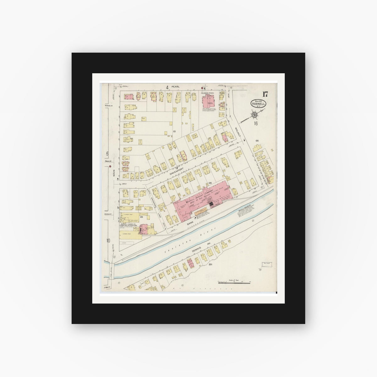 Old map wall art mockup — black gallery frame with white mat — Sanborn Fire Insurance Map from Hornell, Steuben County, New York (1915), Sheet #0017