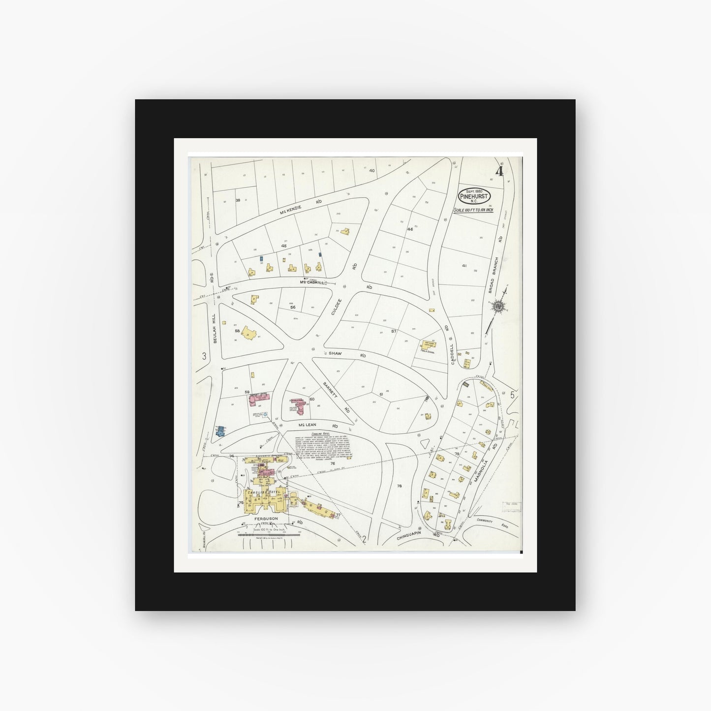 Old map wall art mockup — black gallery frame with white mat — Sanborn Fire Insurance Map from Pinehurst, Moore County, North Carolina (1920), Sheet #0004