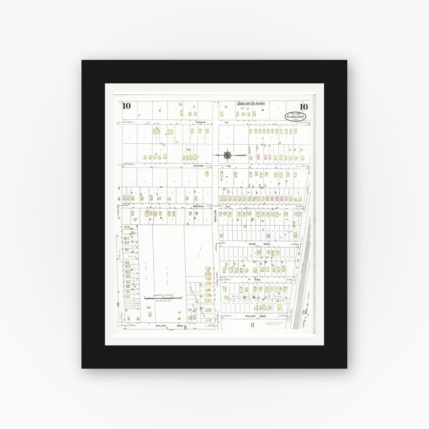 Old map wall art mockup — black gallery frame with white mat — Sanborn Fire Insurance Map from Elmhurst, Du Page County, Illinois (1924), Sheet #0010