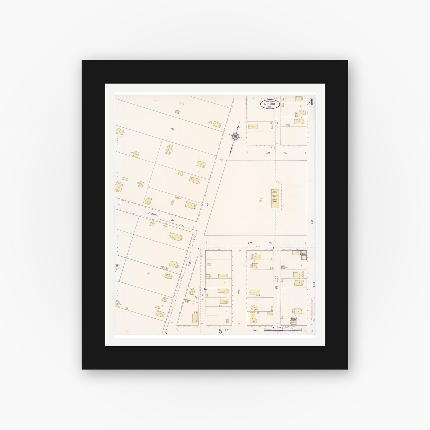 Old map wall art mockup — black gallery frame with white mat — Sanborn Fire Insurance Map from Gustine, Merced County, California (1920), Sheet #0004