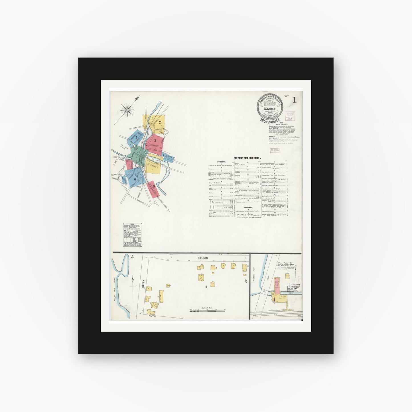 Old map wall art mockup — black gallery frame with white mat — Sanborn Fire Insurance Map from Warren, Worcester County, Massachusetts (1906) - Complete Map Set