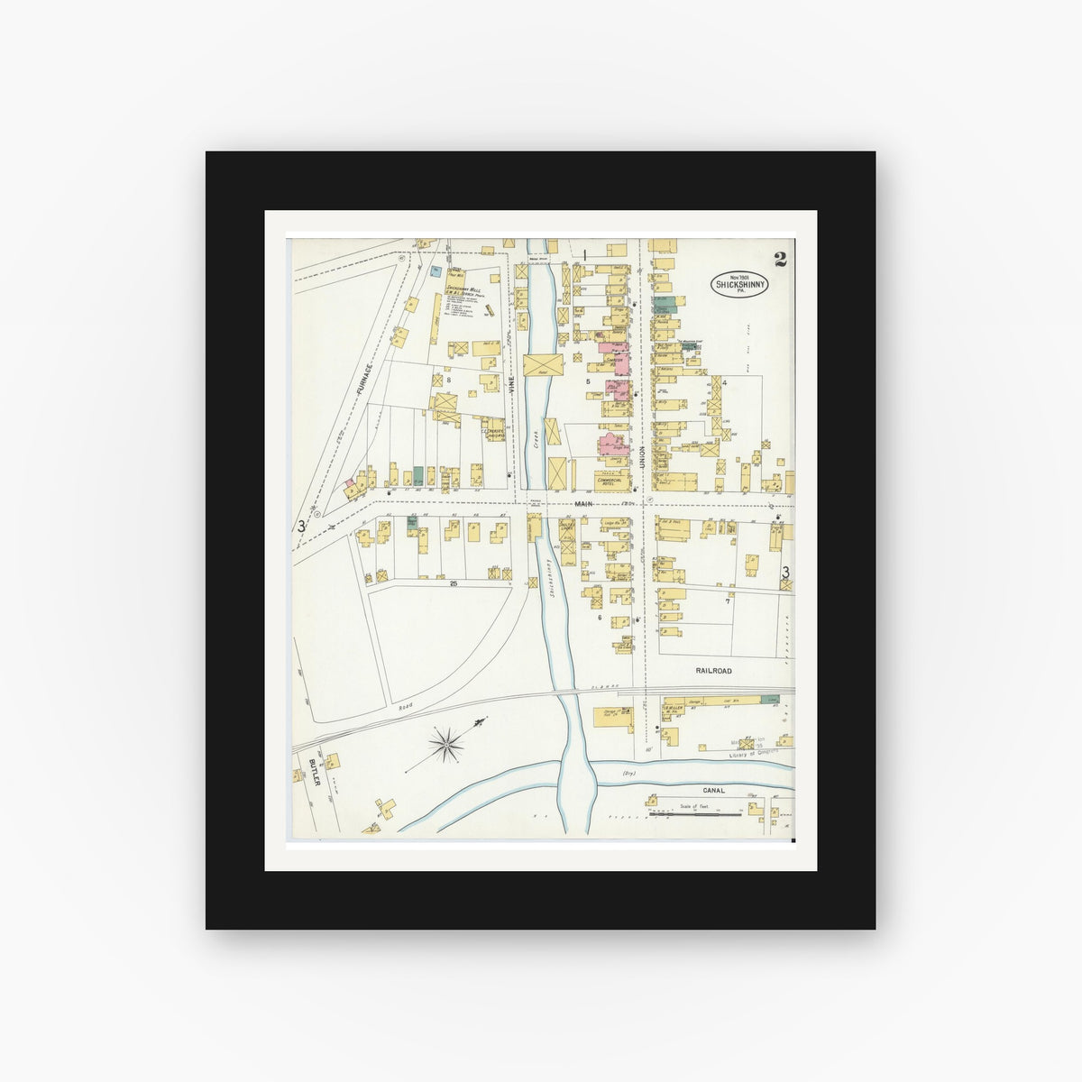 Old map wall art mockup — black gallery frame with white mat — Sanborn Fire Insurance Map from Shickshinny, Luzerne County, Pennsylvania (1901), Sheet #0002