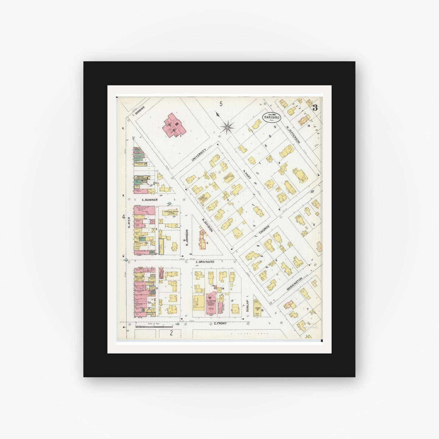 Old map wall art mockup — black gallery frame with white mat — Sanborn Fire Insurance Map from Harvard, McHenry County, Illinois (1902), Sheet #0003