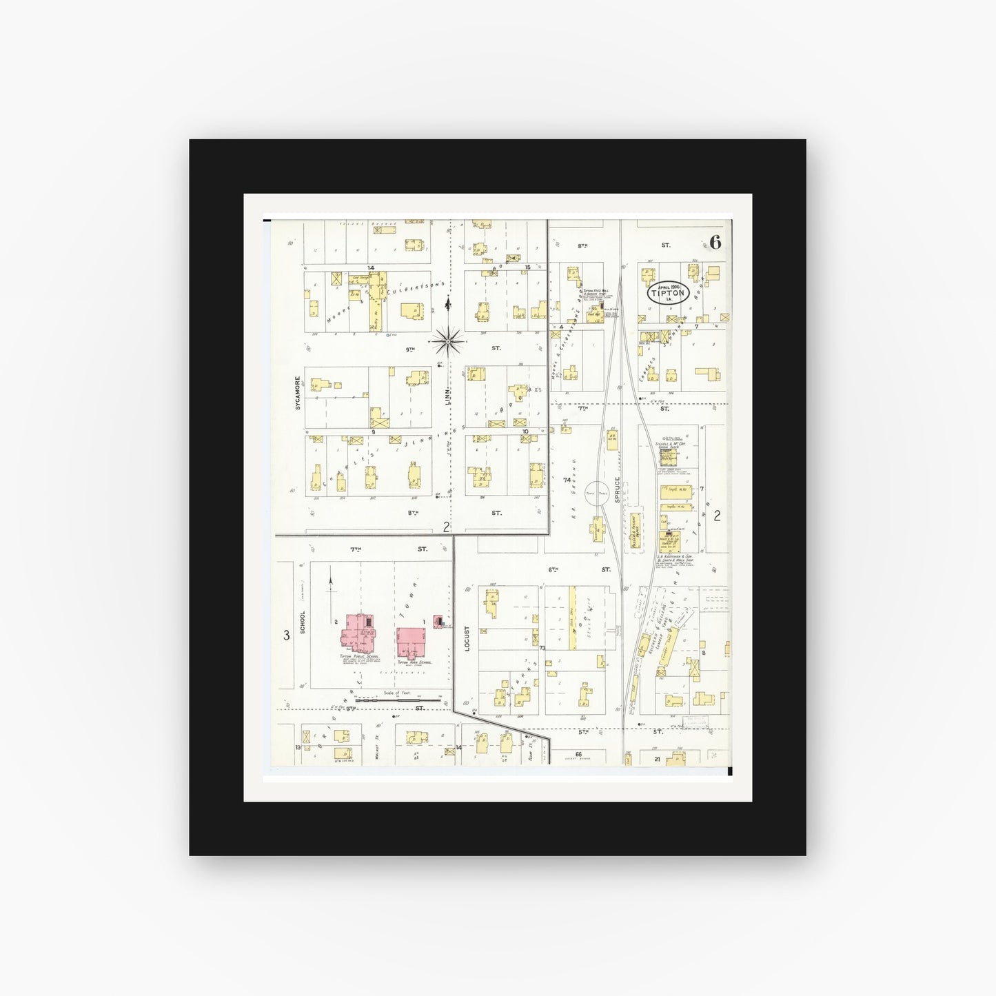 Old map wall art mockup — black gallery frame with white mat — Sanborn Fire Insurance Map from Tipton, Cedar County, Iowa (1906), Sheet #0006