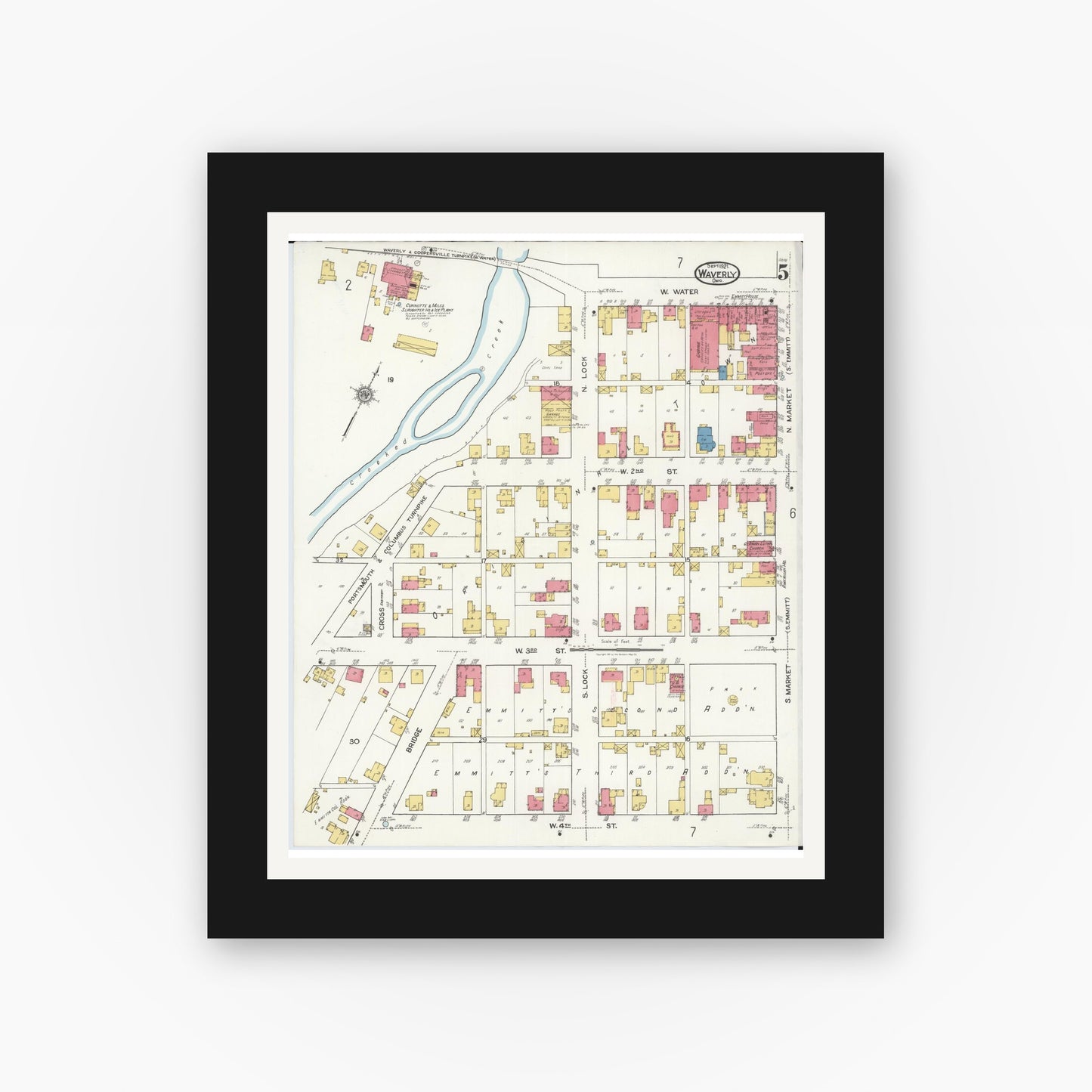 Old map wall art mockup — black gallery frame with white mat — Sanborn Fire Insurance Map from Waverly, Pike County, Ohio (1921), Sheet #0005