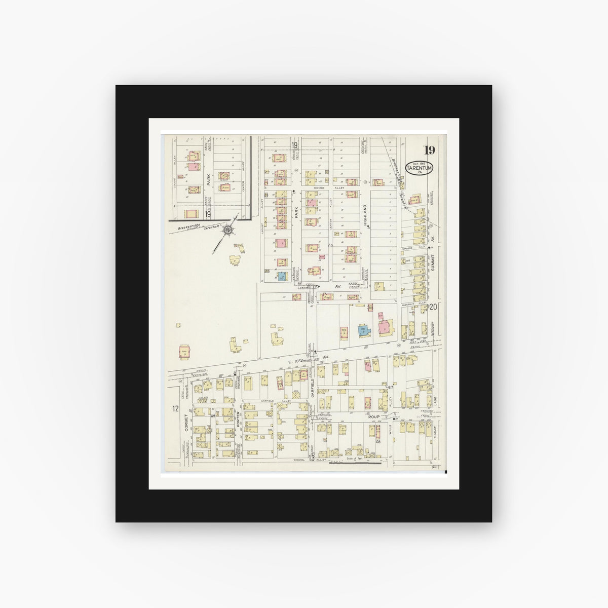 Old map wall art mockup — black gallery frame with white mat — Sanborn Fire Insurance Map from Tarentum, Allegheny County, Pennsylvania (1914), Sheet #0019