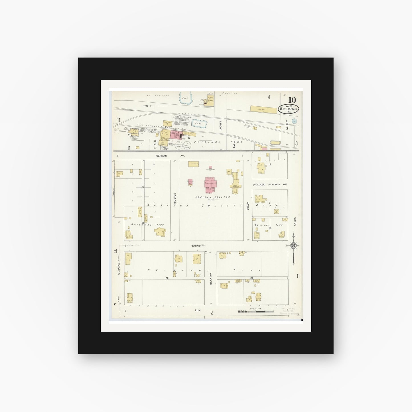 Old map wall art mockup — black gallery frame with white mat — Sanborn Fire Insurance Map from Whitewright, Grayson County, Texas (1912), Sheet #0010