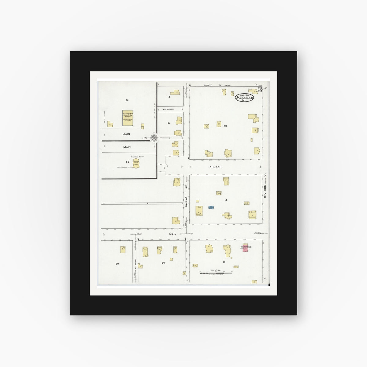 Old map wall art mockup — black gallery frame with white mat — Sanborn Fire Insurance Map from Jacksboro, Jack County, Texas (1921), Sheet #0003