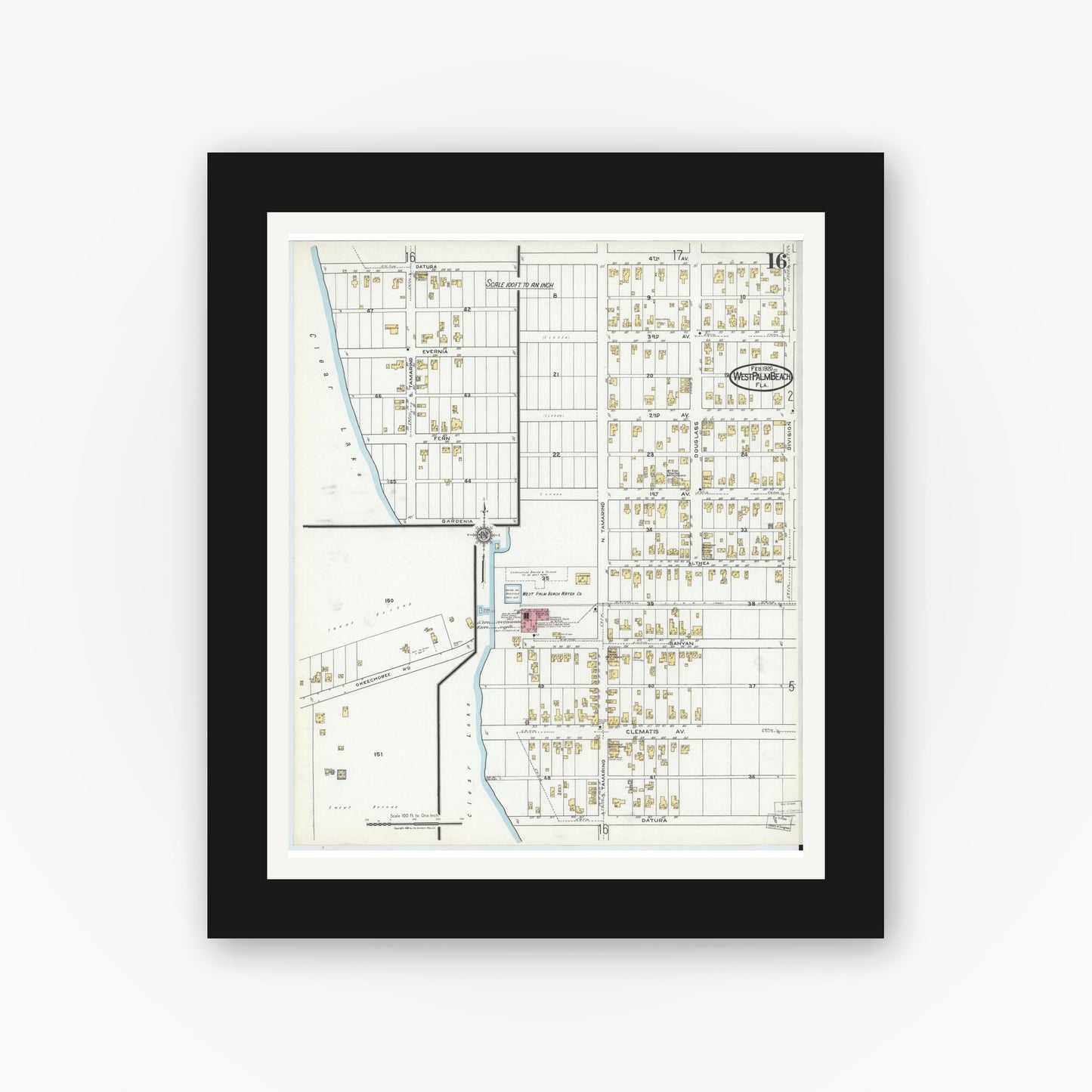 Old map wall art mockup — black gallery frame with white mat — Sanborn Fire Insurance Map from West Palm Beach, Dade County, Florida (1920), Sheet #0016