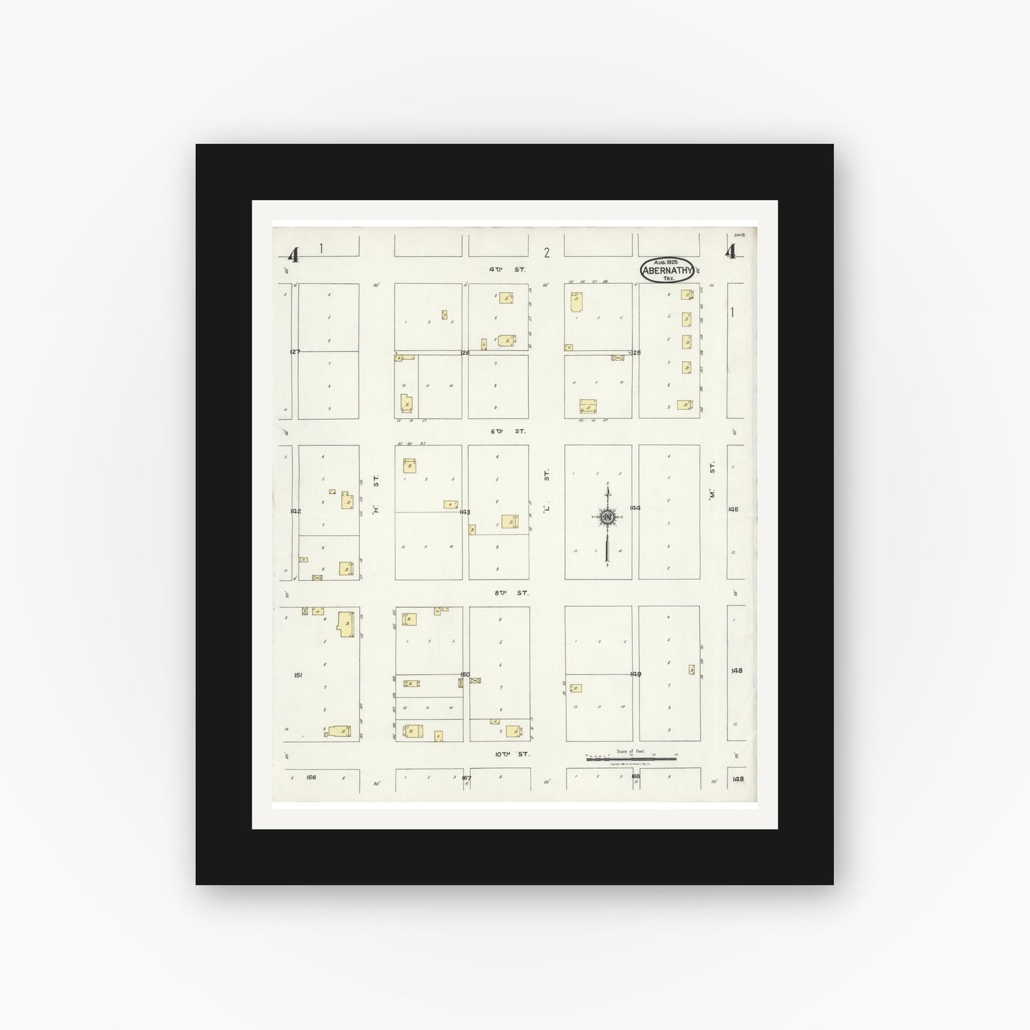 Old map wall art mockup — black gallery frame with white mat — Sanborn Fire Insurance Map from Abernathy, Hale County, Texas (1925), Sheet #0004