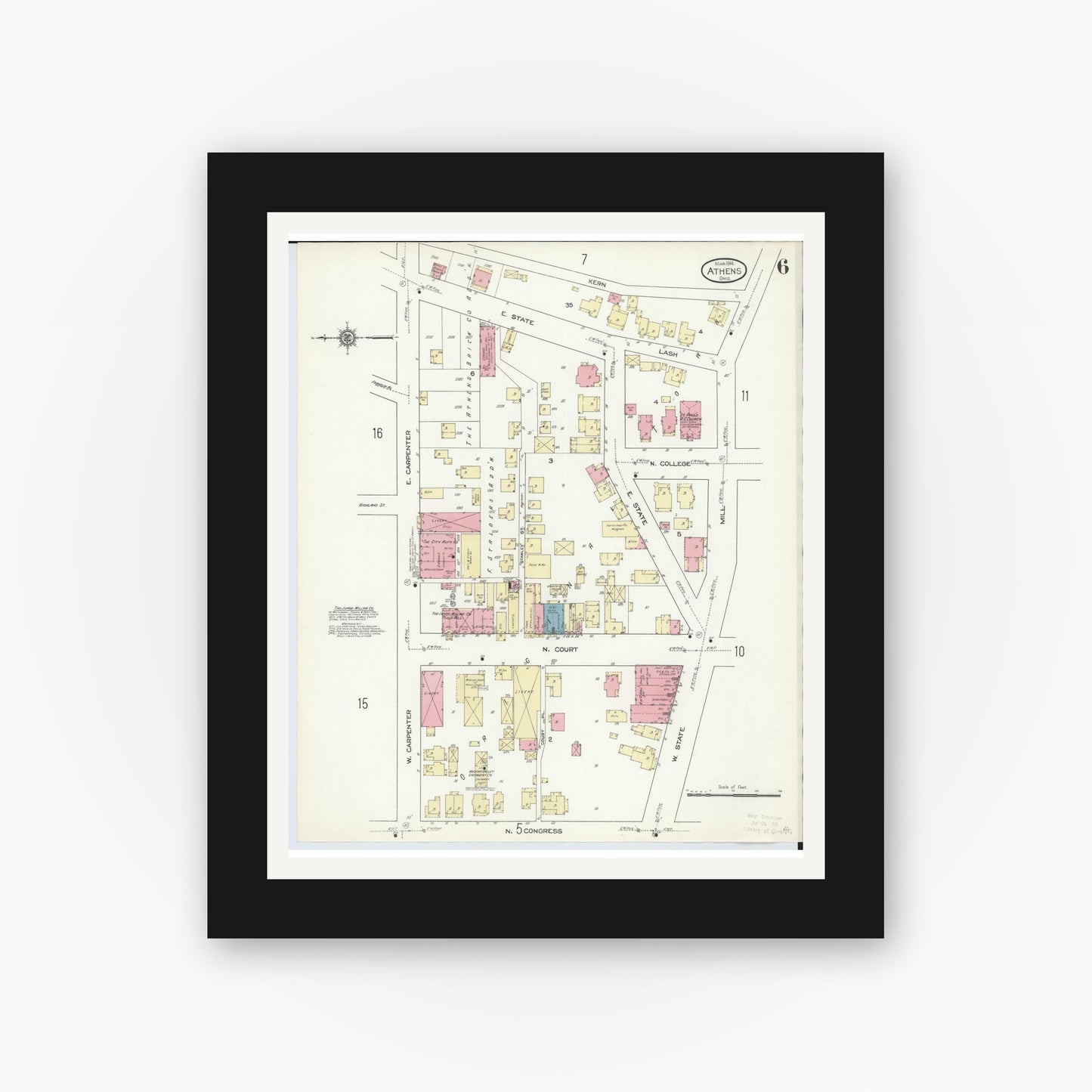 Old map wall art mockup — black gallery frame with white mat — Sanborn Fire Insurance Map from Athens, Athens County, Ohio (1914), Sheet #0006