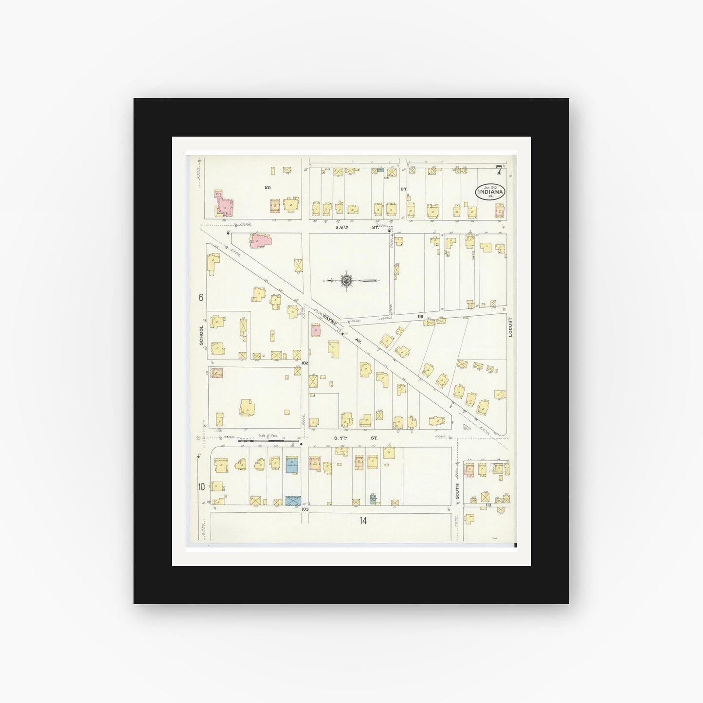 Old map wall art mockup — black gallery frame with white mat — Sanborn Fire Insurance Map from Indiana, Indiana County, Pennsylvania (1910), Sheet #0007