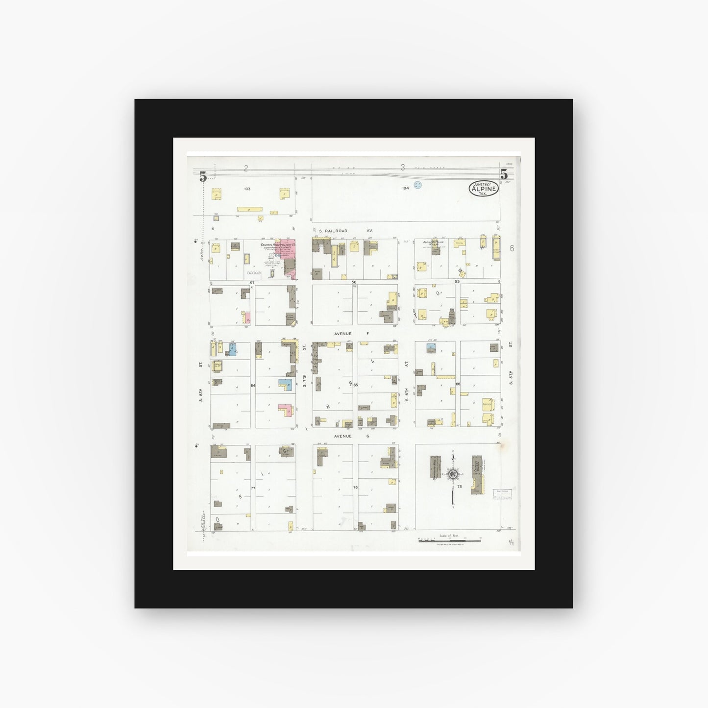Old map wall art mockup — black gallery frame with white mat — Sanborn Fire Insurance Map from Alpine, Brewster County, Texas (1927), Sheet #0005