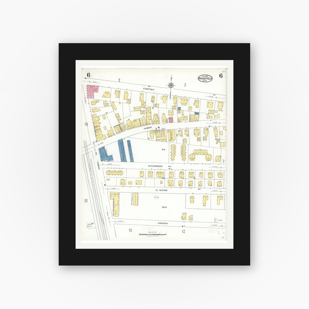 Old map wall art mockup — black gallery frame with white mat — Sanborn Fire Insurance Map from Wakefield, Middlesex County, Massachusetts (1923), Sheet #0006