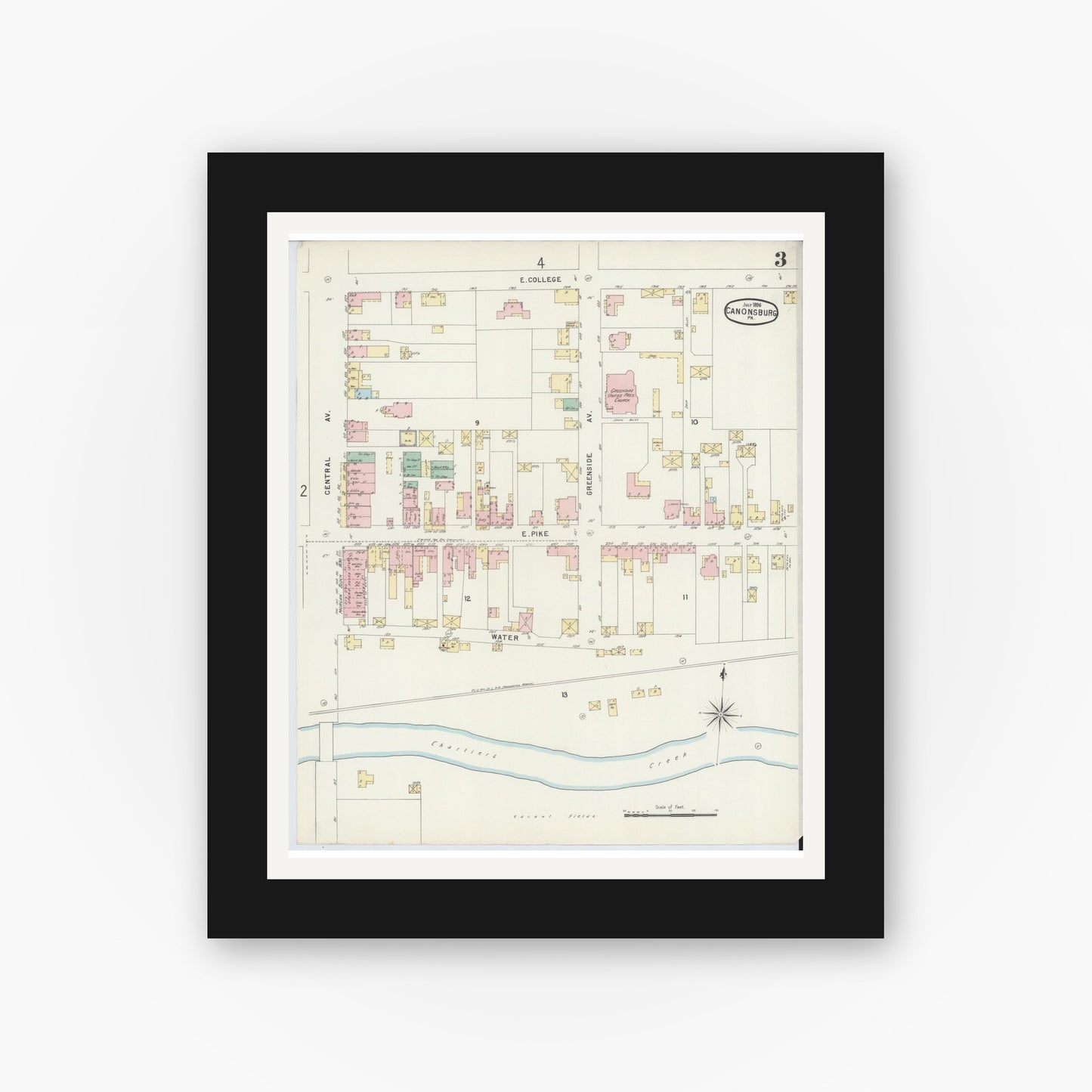 Old map wall art mockup — black gallery frame with white mat — Sanborn Fire Insurance Map from Canonsburg, Washington County, Pennsylvania (1896), Sheet #0003