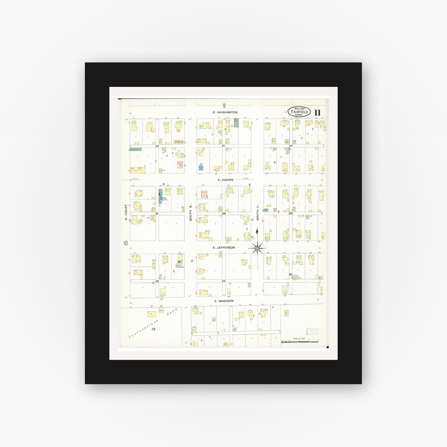 Old map wall art mockup — black gallery frame with white mat — Sanborn Fire Insurance Map from Fairfield, Jefferson County, Iowa (1907), Sheet #0011