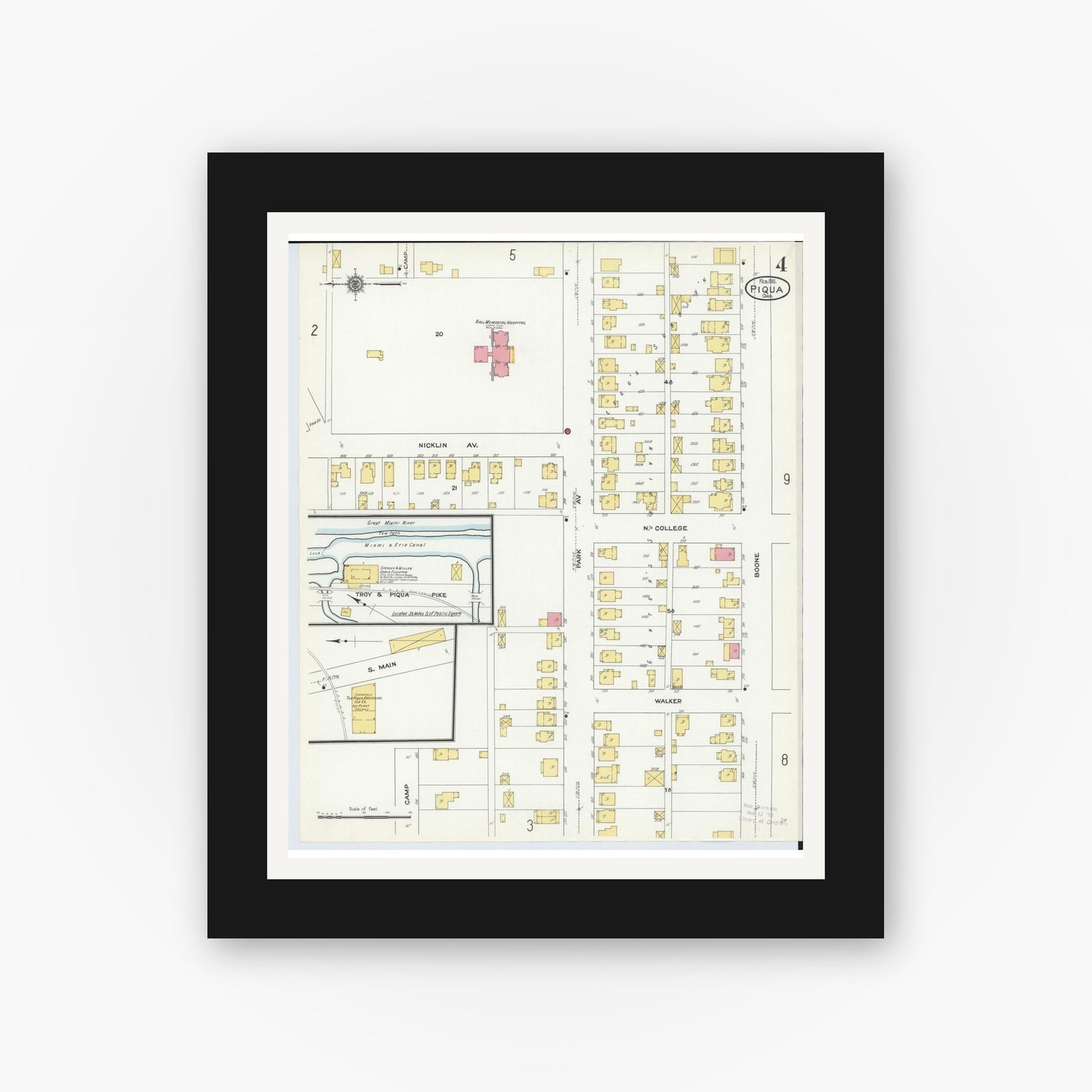 Old map wall art mockup — black gallery frame with white mat — Sanborn Fire Insurance Map from Piqua, Miami County, Ohio (1911), Sheet #0004