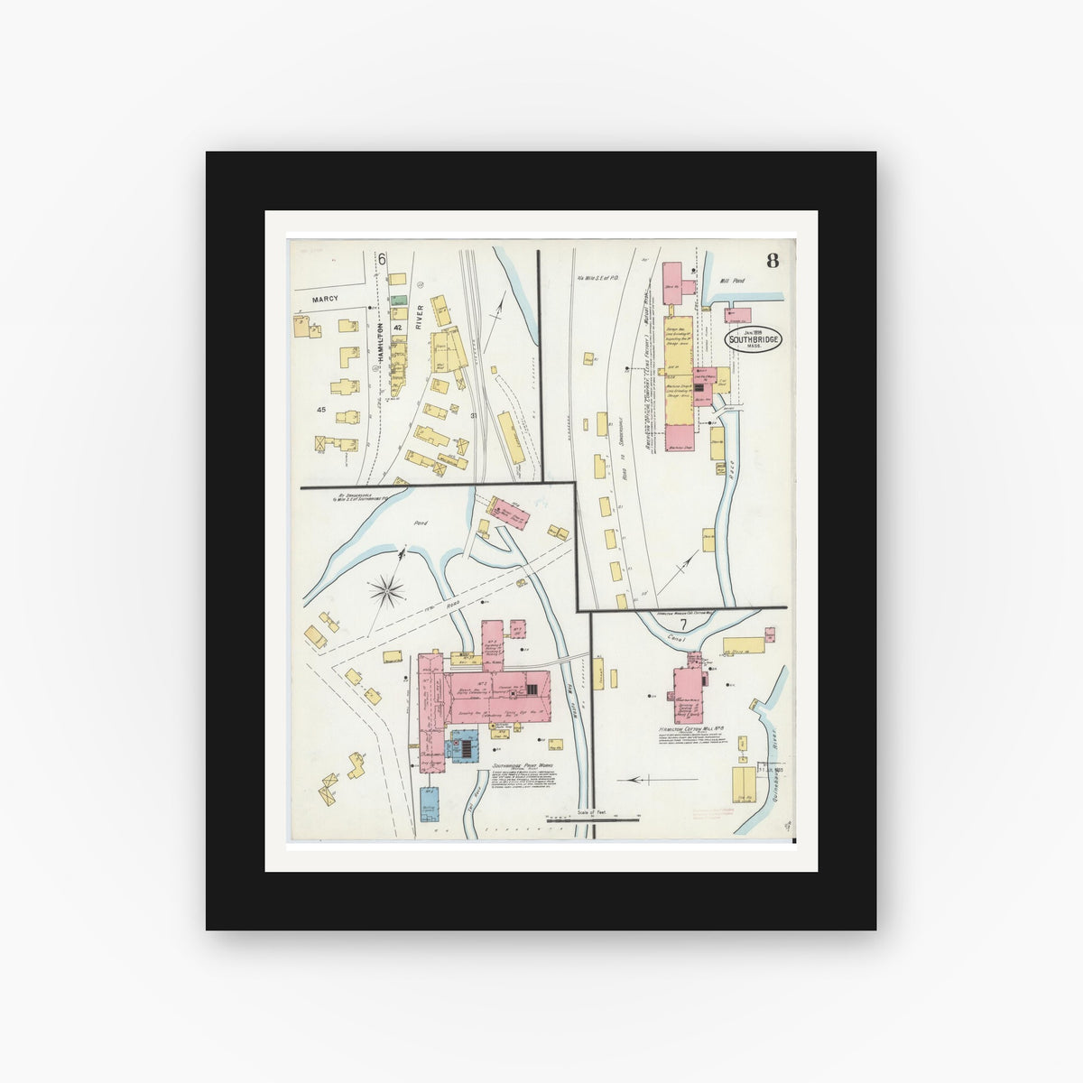 Old map wall art mockup — black gallery frame with white mat — Sanborn Fire Insurance Map from Southbridge, Worcester County, Massachusetts (1899), Sheet #0008
