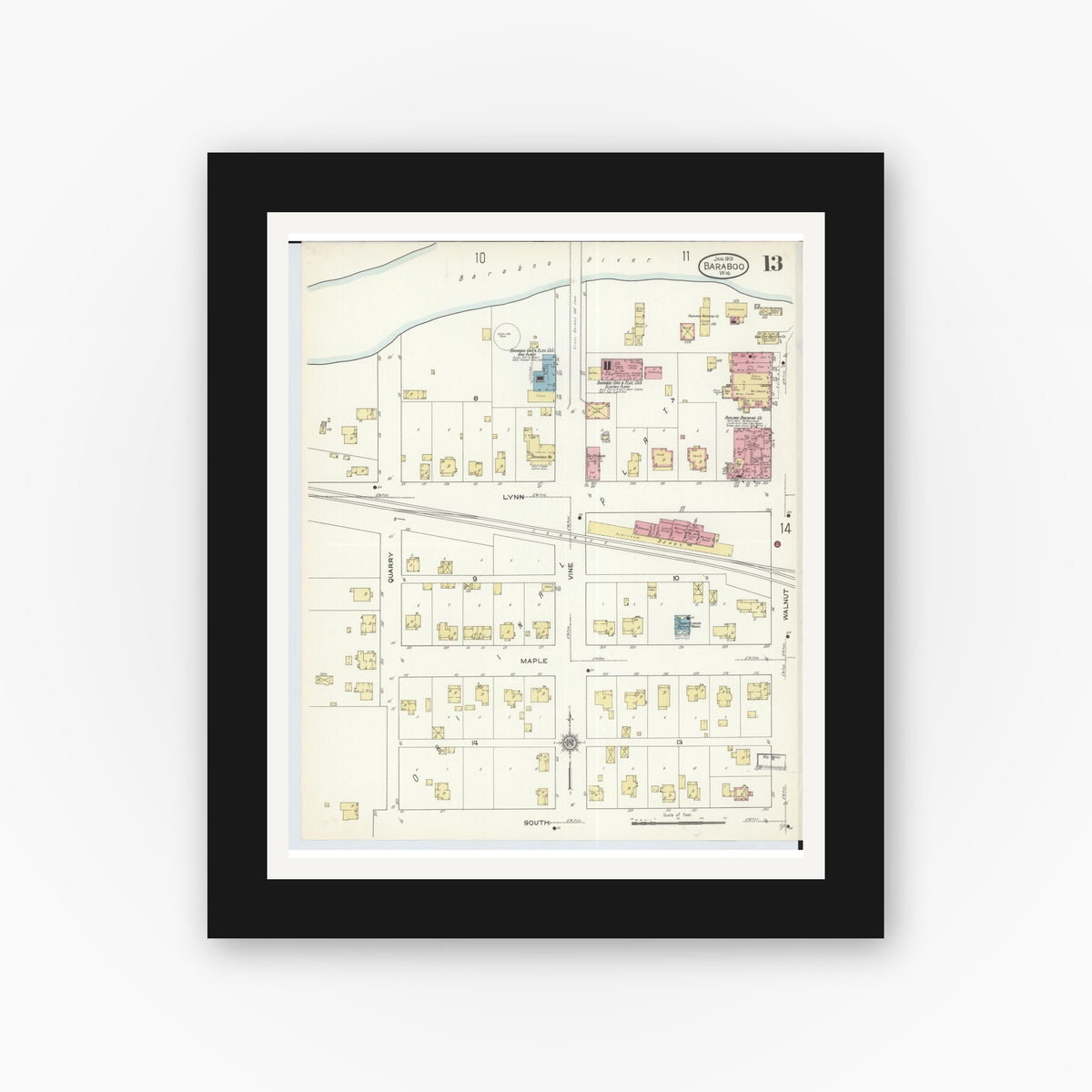 Old map wall art mockup — black gallery frame with white mat — Sanborn Fire Insurance Map from Baraboo, Sauk County, Wisconsin (1913), Sheet #0013