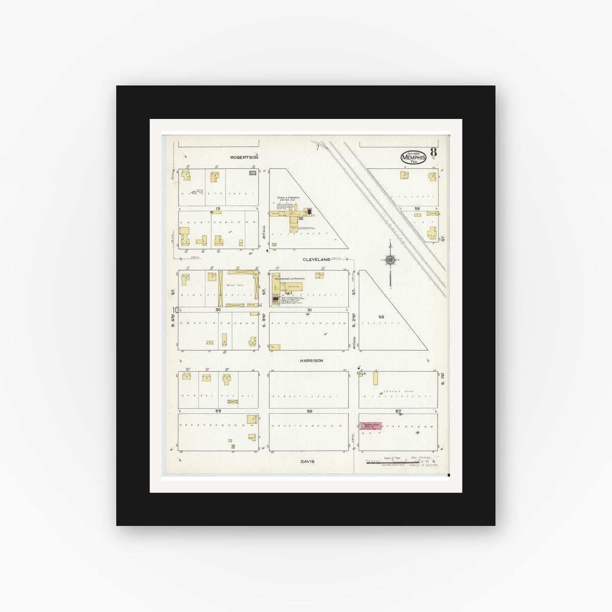 Old map wall art mockup — black gallery frame with white mat — Sanborn Fire Insurance Map from Memphis, Hall County, Texas (1920), Sheet #0008