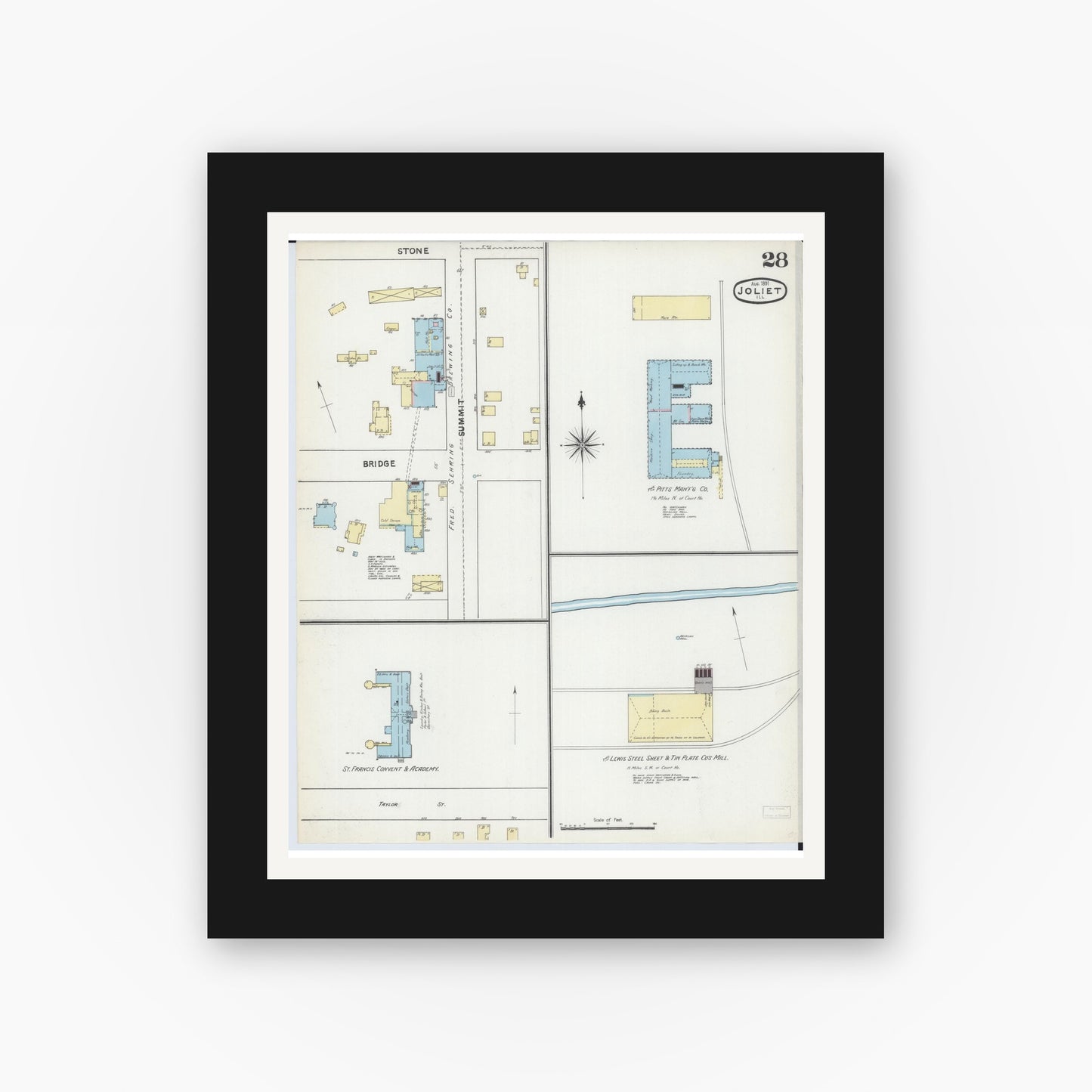 Old map wall art mockup — black gallery frame with white mat — Sanborn Fire Insurance Map from Joliet, Will County, Illinois (1891), Sheet #0028