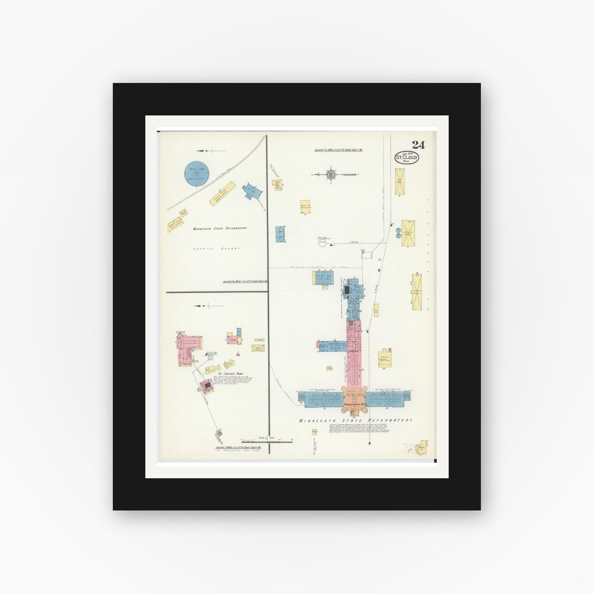 Old map wall art mockup — black gallery frame with white mat — Sanborn Fire Insurance Map from Saint Cloud, Stearns, Benton, and Sherburne Counties, Minnesota (1913), Sheet #0024