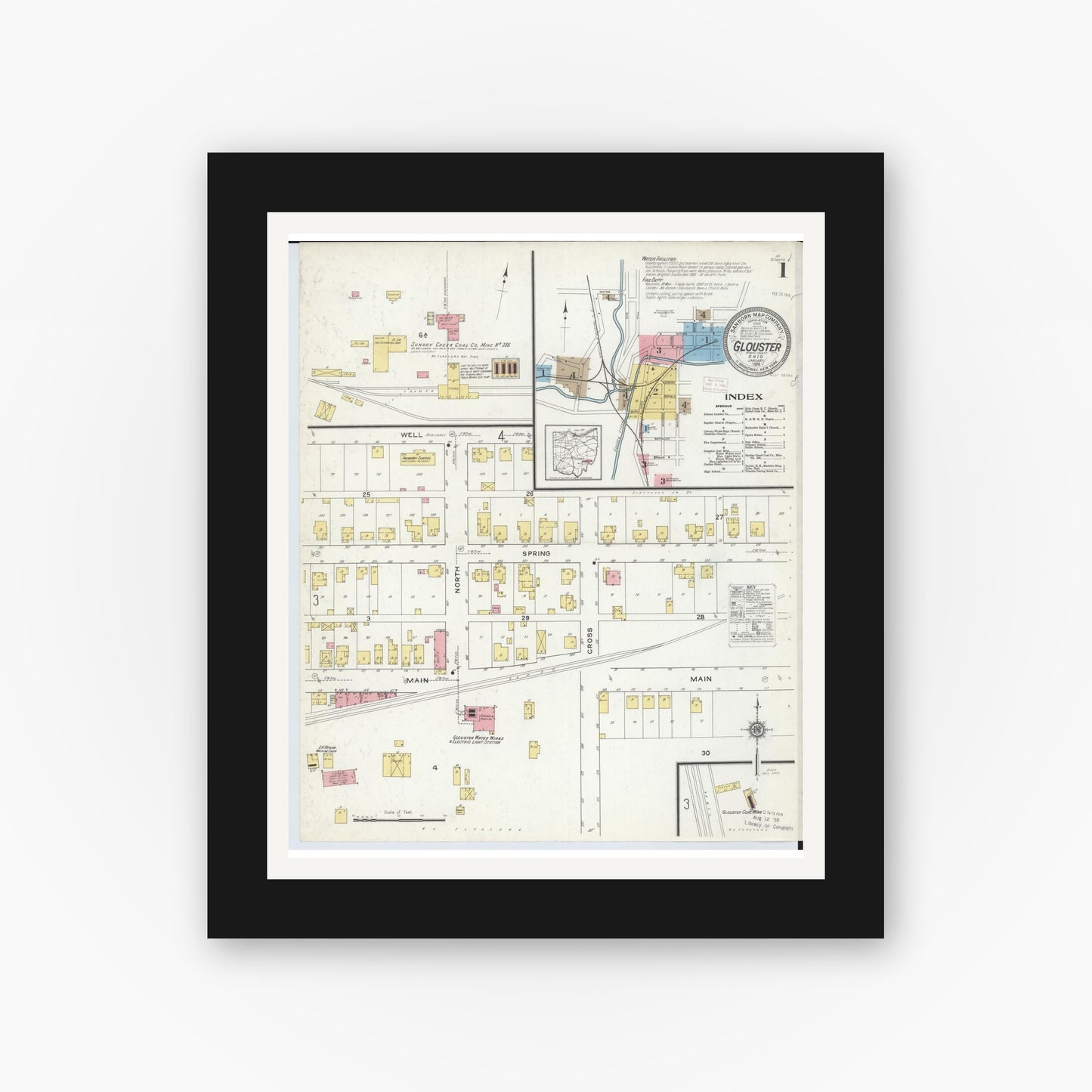 Old map wall art mockup — black gallery frame with white mat — Sanborn Fire Insurance Map from Glouster, Athens County, Ohio (1912) - Complete Map Set