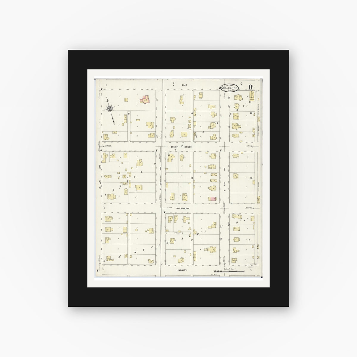 Old map wall art mockup — black gallery frame with white mat — Sanborn Fire Insurance Map from Chillicothe, Peoria County, Illinois (1913), Sheet #0008