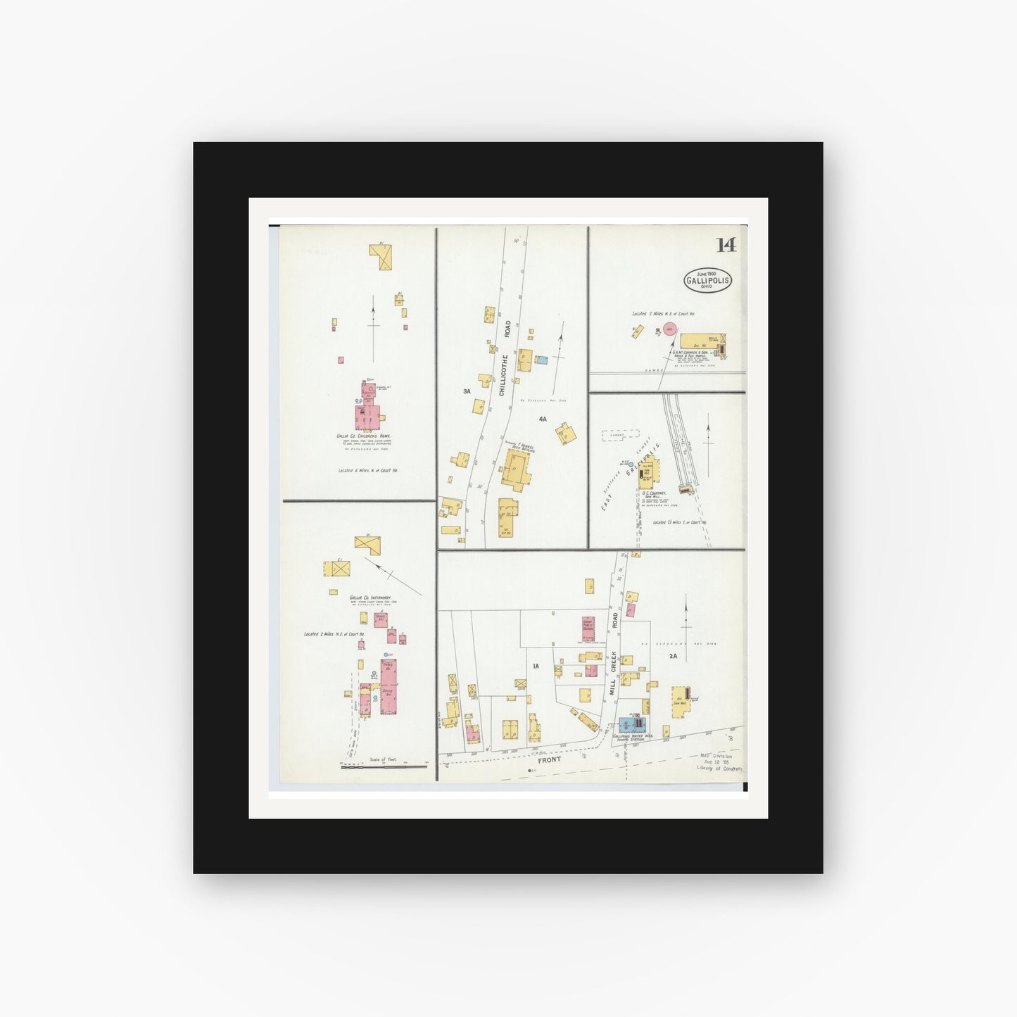 Old map wall art mockup — black gallery frame with white mat — Sanborn Fire Insurance Map from Gallipolis, Gallia County, Ohio (1900), Sheet #0014