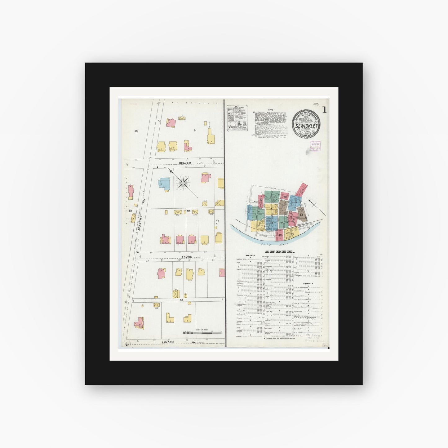 Old map wall art mockup — black gallery frame with white mat — Sanborn Fire Insurance Map from Sewickley, Allegheny County, Pennsylvania (1905) - Complete Map Set