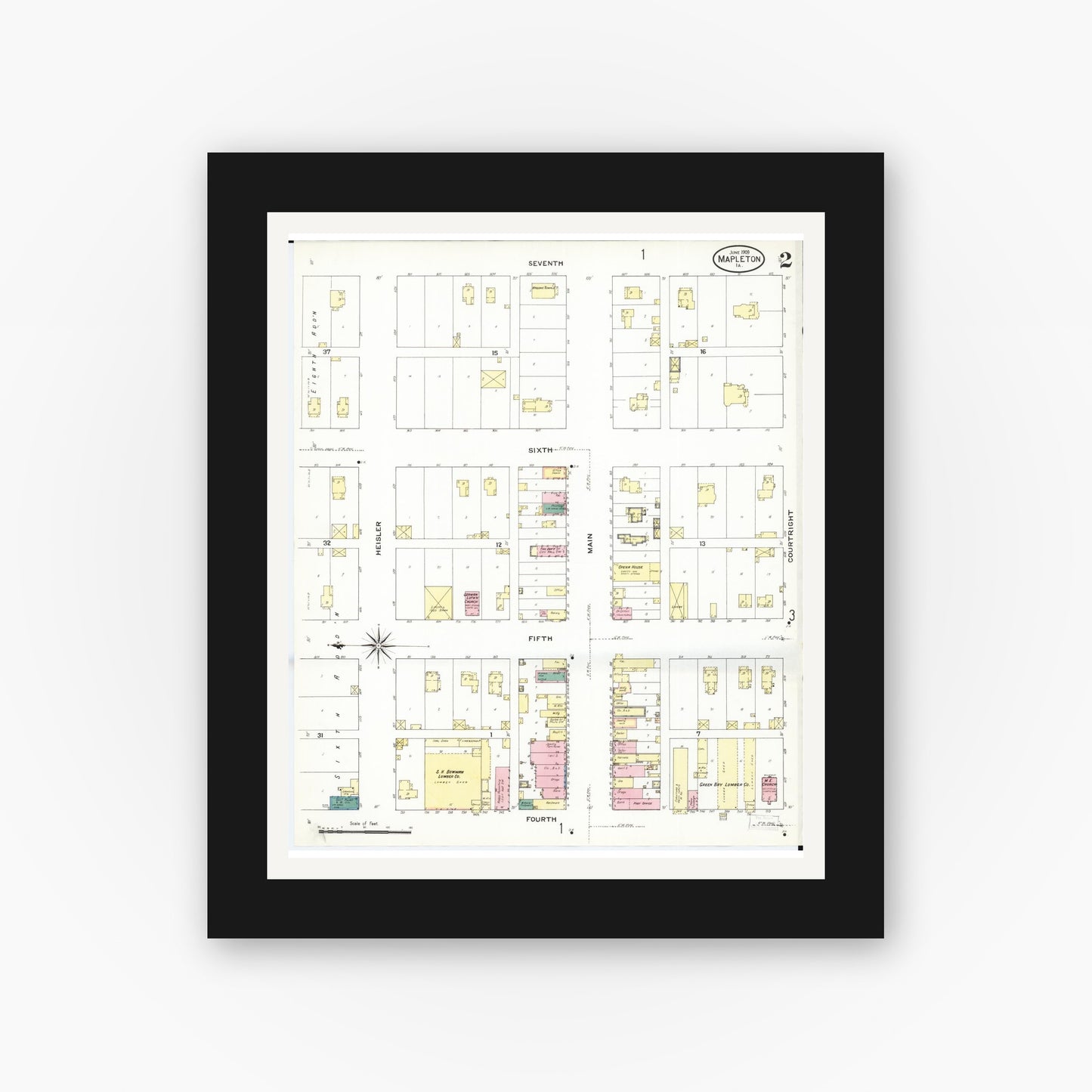 Old map wall art mockup — black gallery frame with white mat — Sanborn Fire Insurance Map from Mapleton, Monona County, Iowa (1909), Sheet #0002
